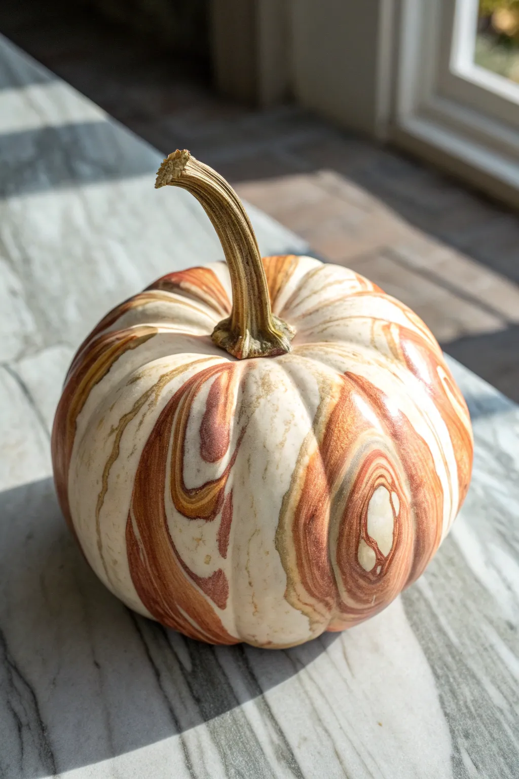 Marbled pumpkin in cream, tan, and muted copper for a modern minimalist Thanksgiving look