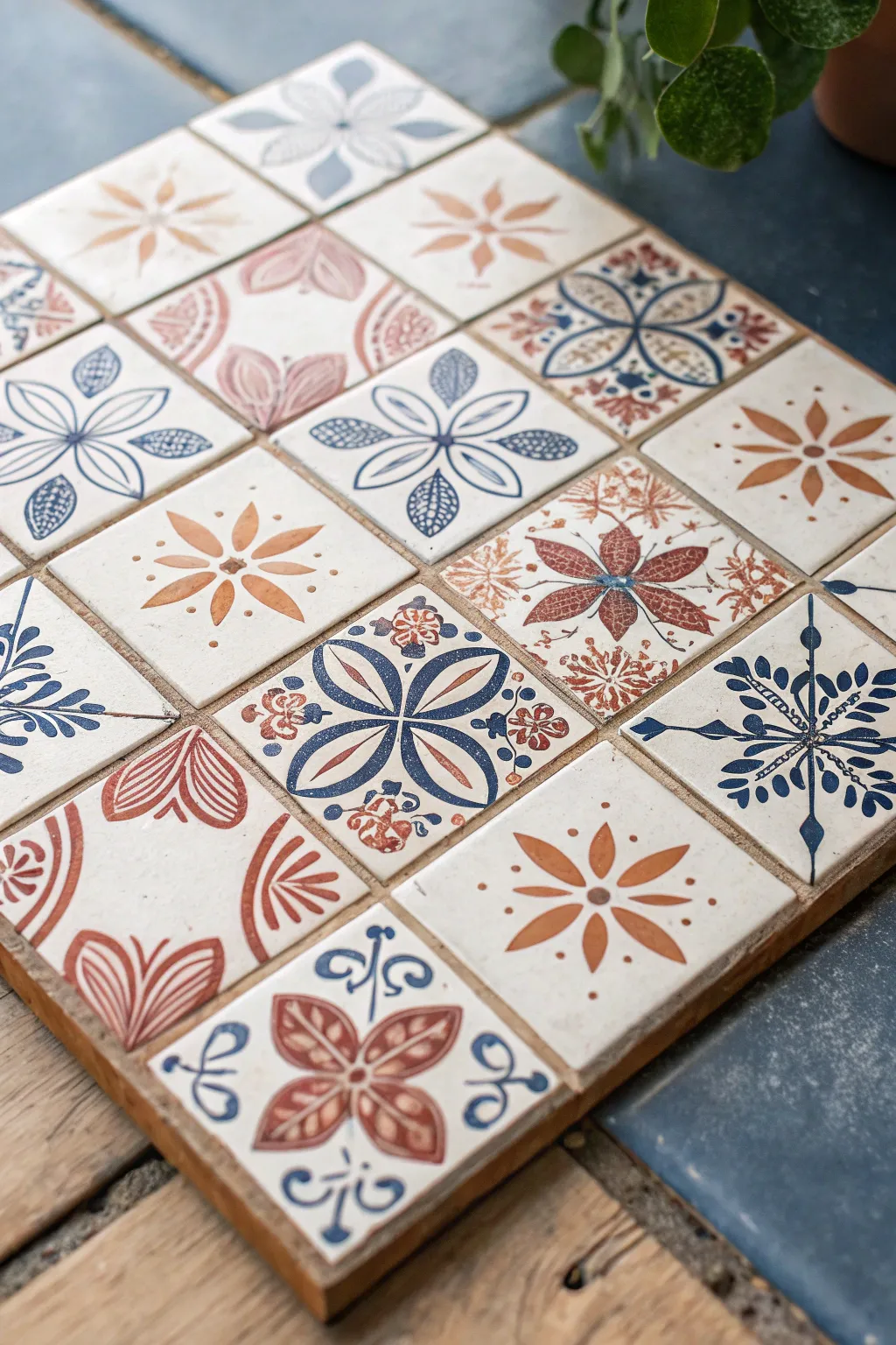 One tile, many mini tiles: faux grout lines with bold patchwork patterns in a clean boho look