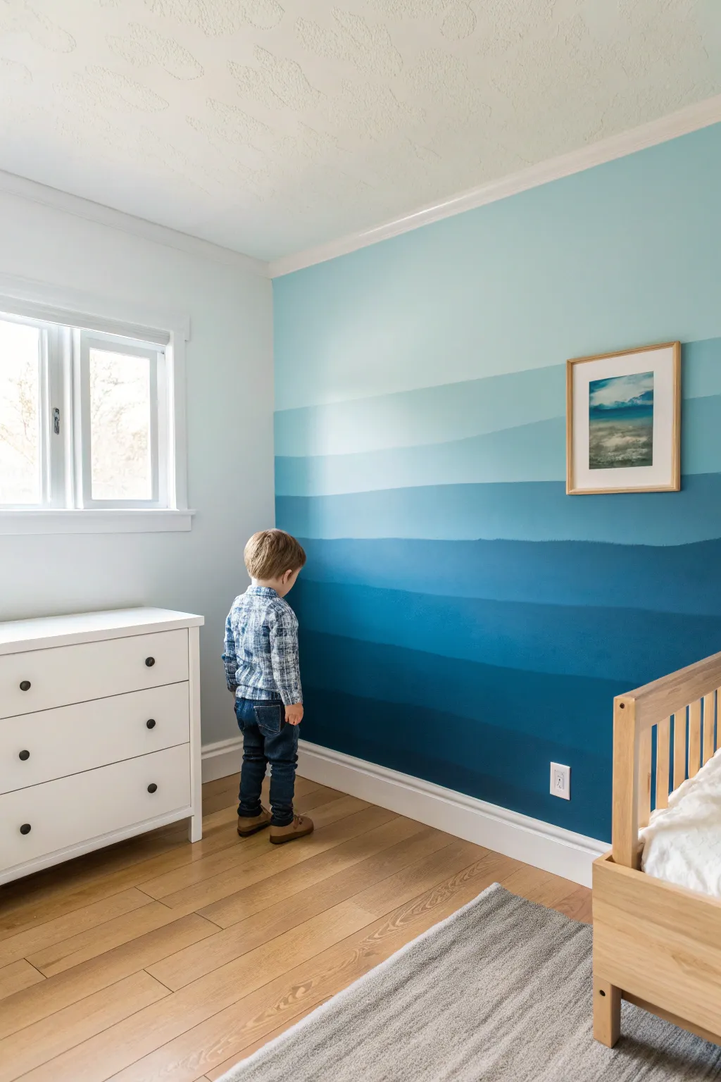 Gentle blue ombre wall idea for a toddler boy room, deep at the base fading to sky blue.