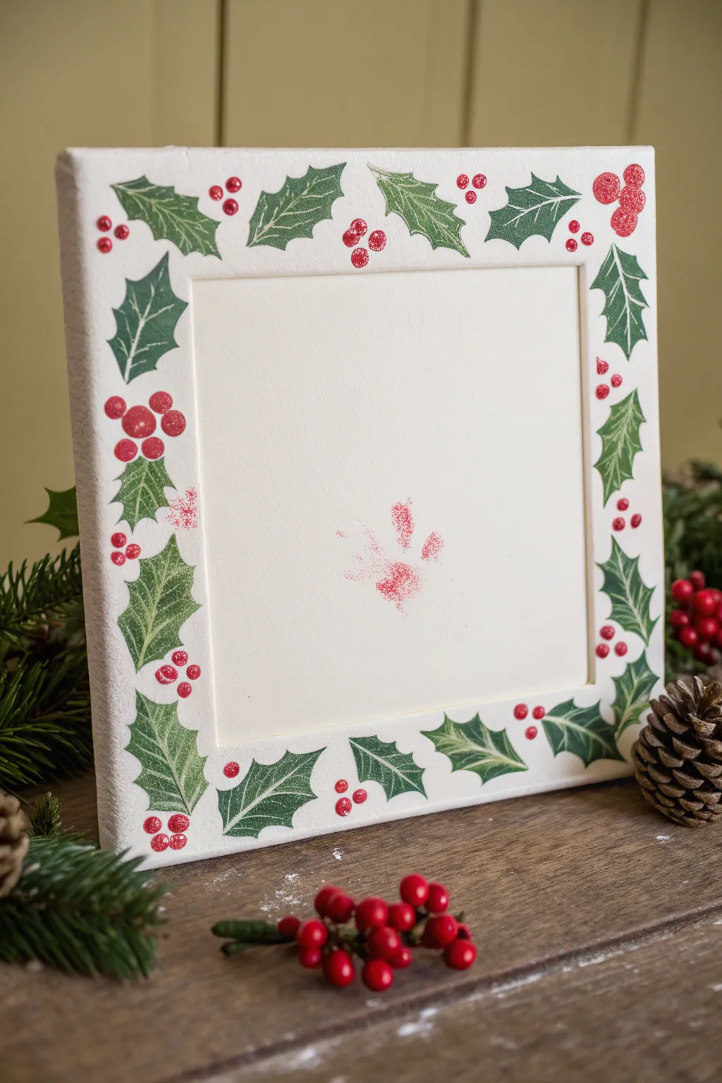 Simple toddler Christmas canvas: sponge-stamped holly border with bright red fingerprint berries.