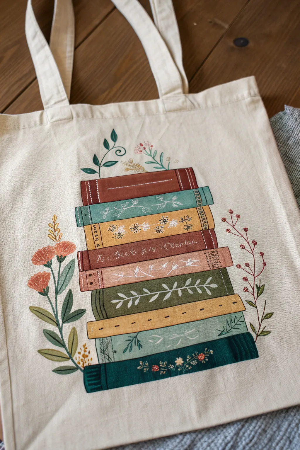 Paint a cozy book stack tote in warm hues, minimalist boho vibes with crisp contrast.