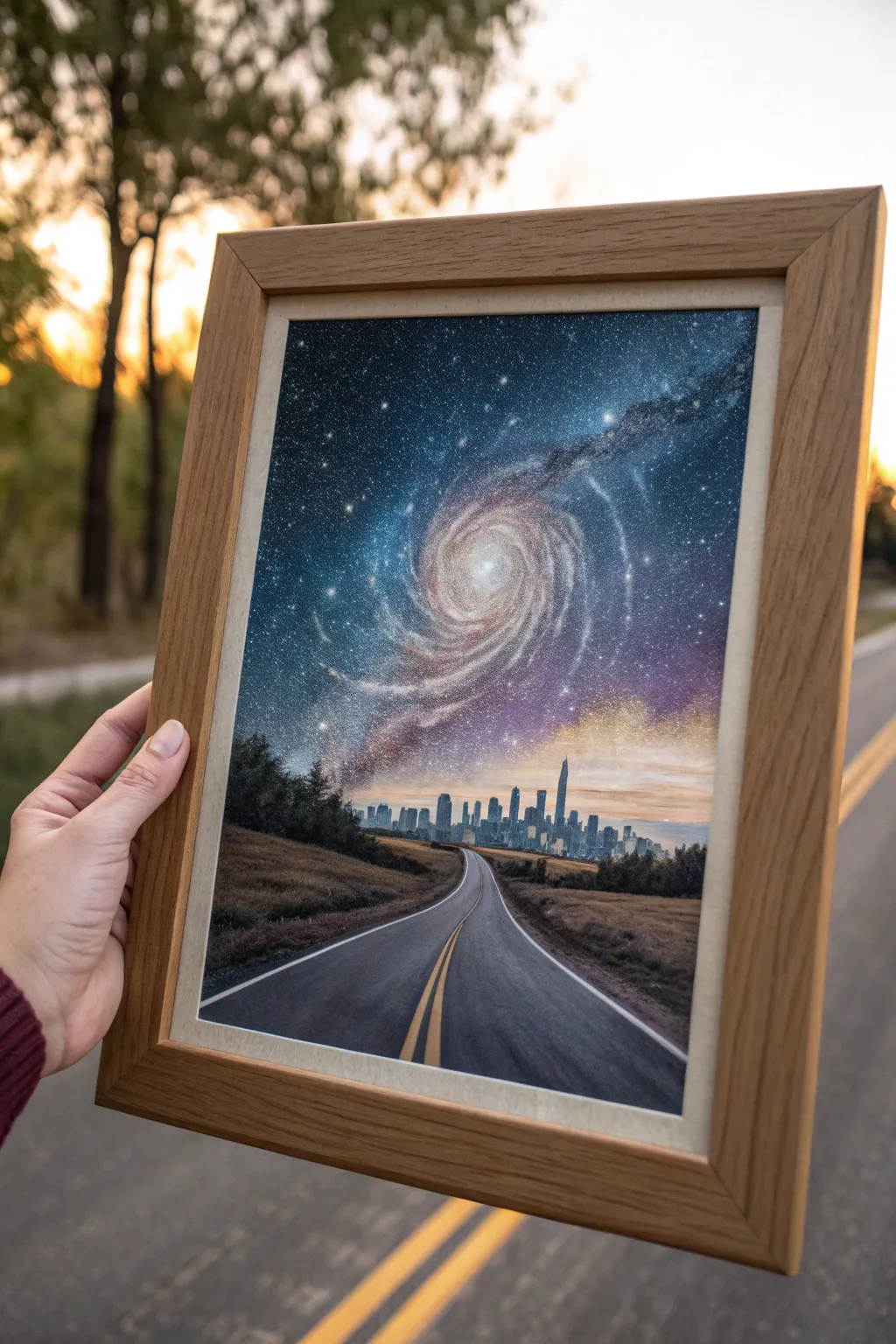 Surreal travel painting: a road from city to swirling galaxy, minimalist yet bold and dreamy.