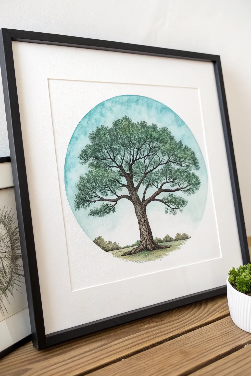 Circle-framed tree drawing with a clean finish, bold boho colors, and a minimalist sky wash