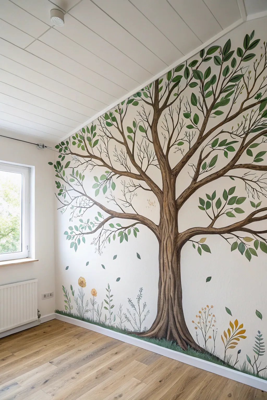 A ceiling-hugging tree canopy border that wraps the room for a calm, cocooning feel.