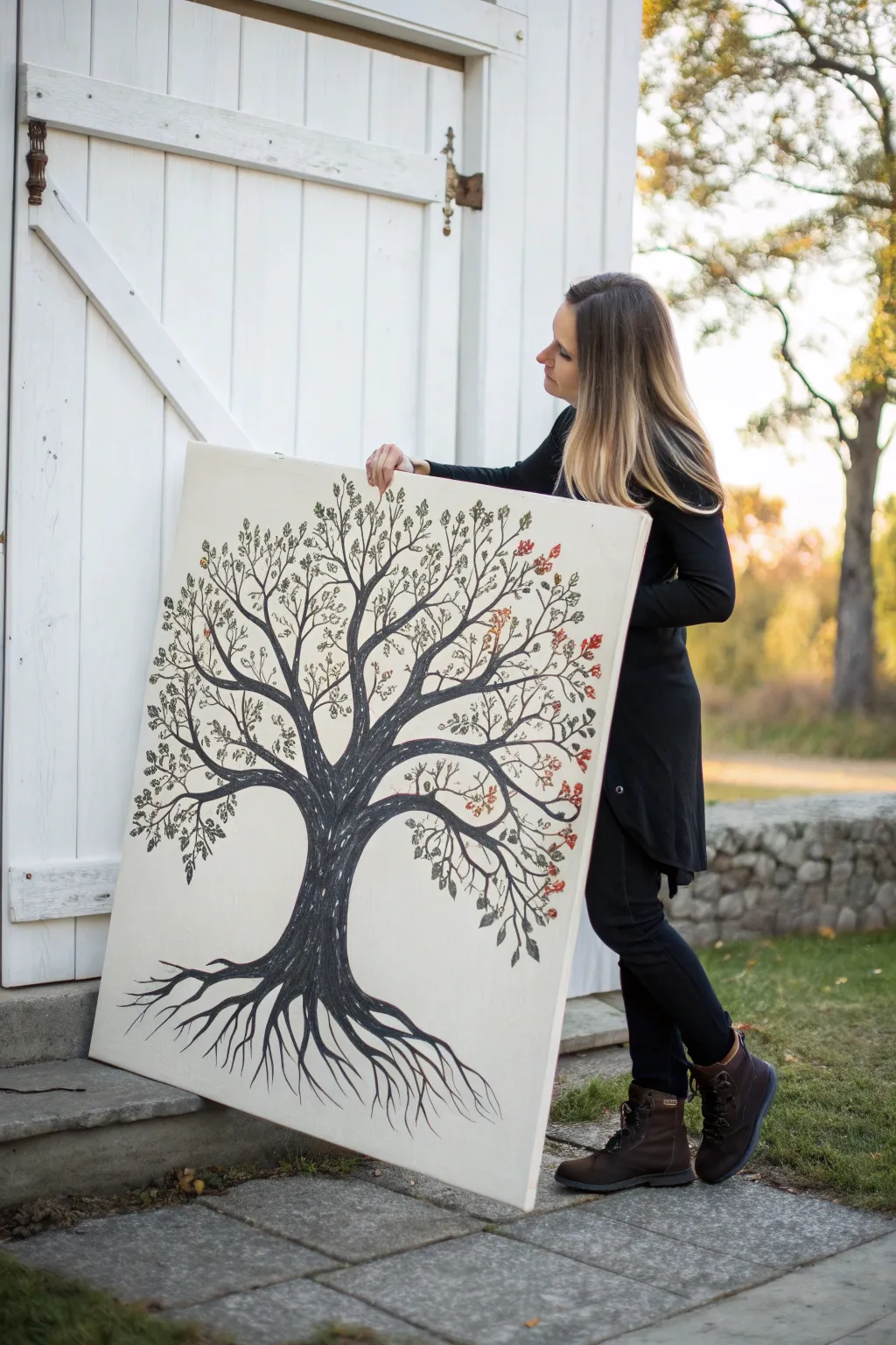 Elegant Mother Nature silhouette Tree of Life painting with bold boho color on a clean canvas