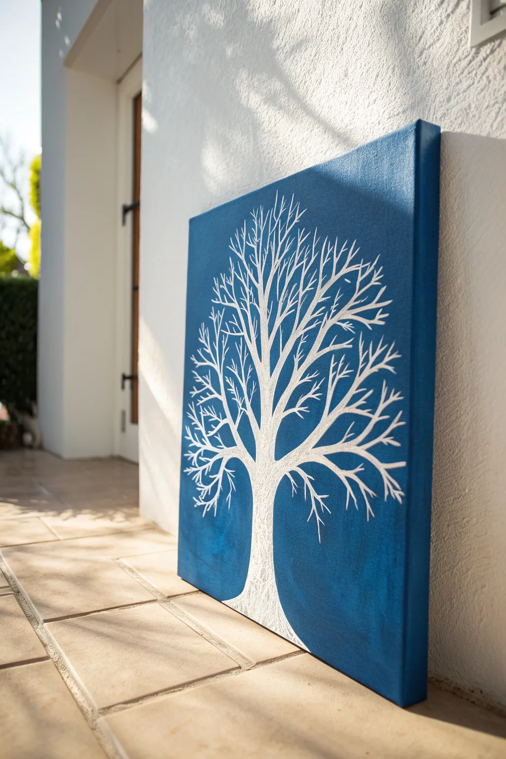 Modern negative-space tree painting idea: crisp branches in bright canvas against bold color