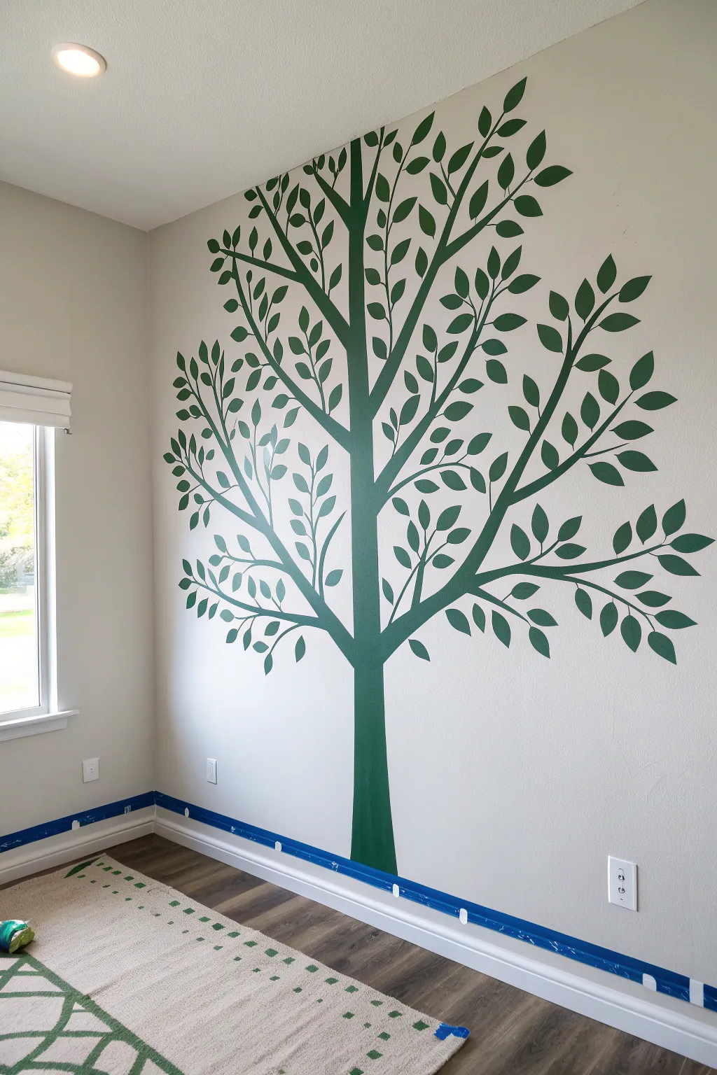 Crisp tree stencil wall painting with painters tape lines, clean edges, bold Scandinavian boho vibe