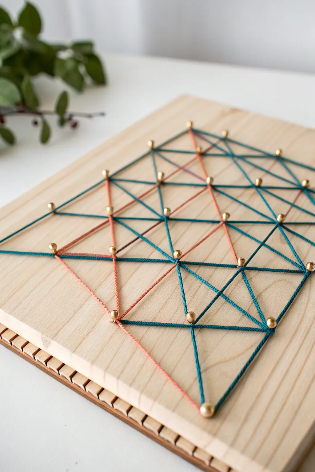 Airy string triangle web with bold thread on natural board for a modern minimalist boho vibe.