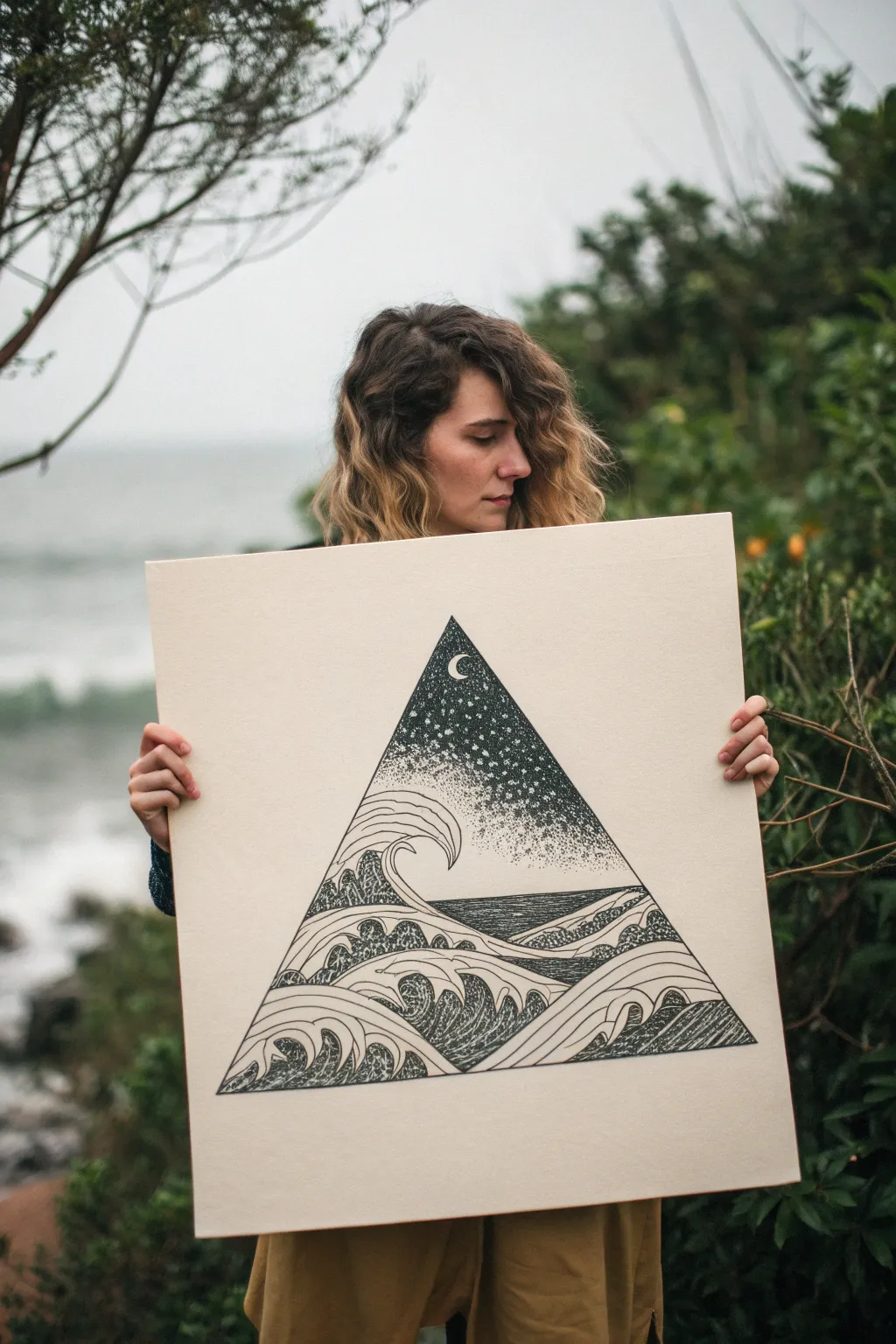 Crisp negative-space triangle surrounded by bold ink swirls for minimalist boho inspiration