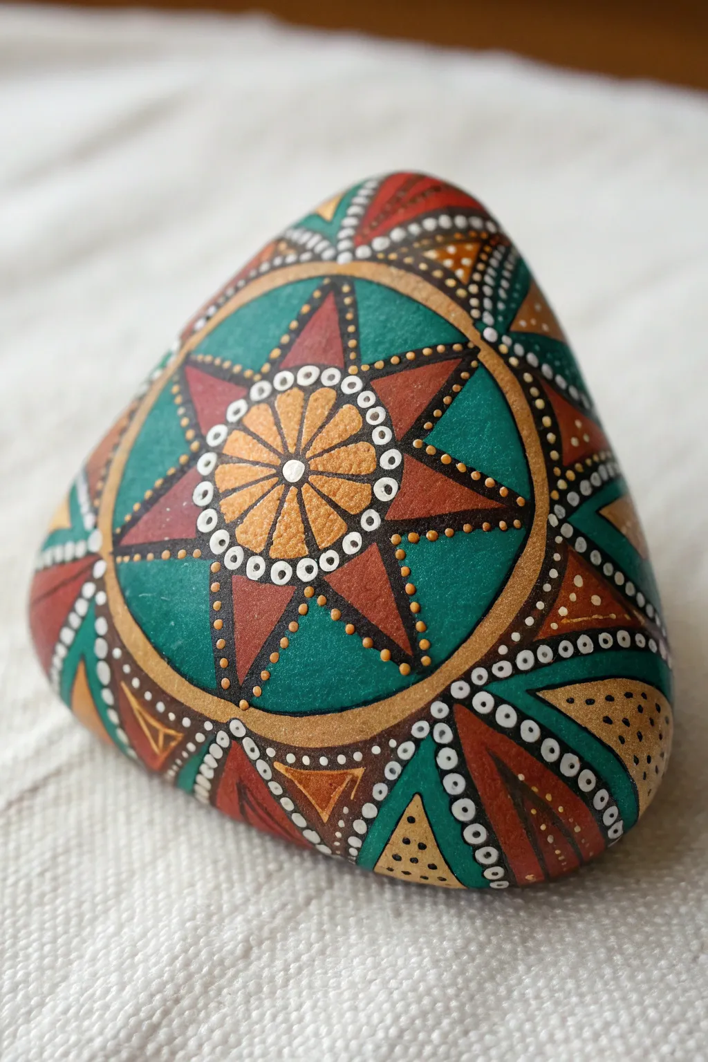 Triangle rock mandala dots aligned to each edge, bold color contrast and crisp texture