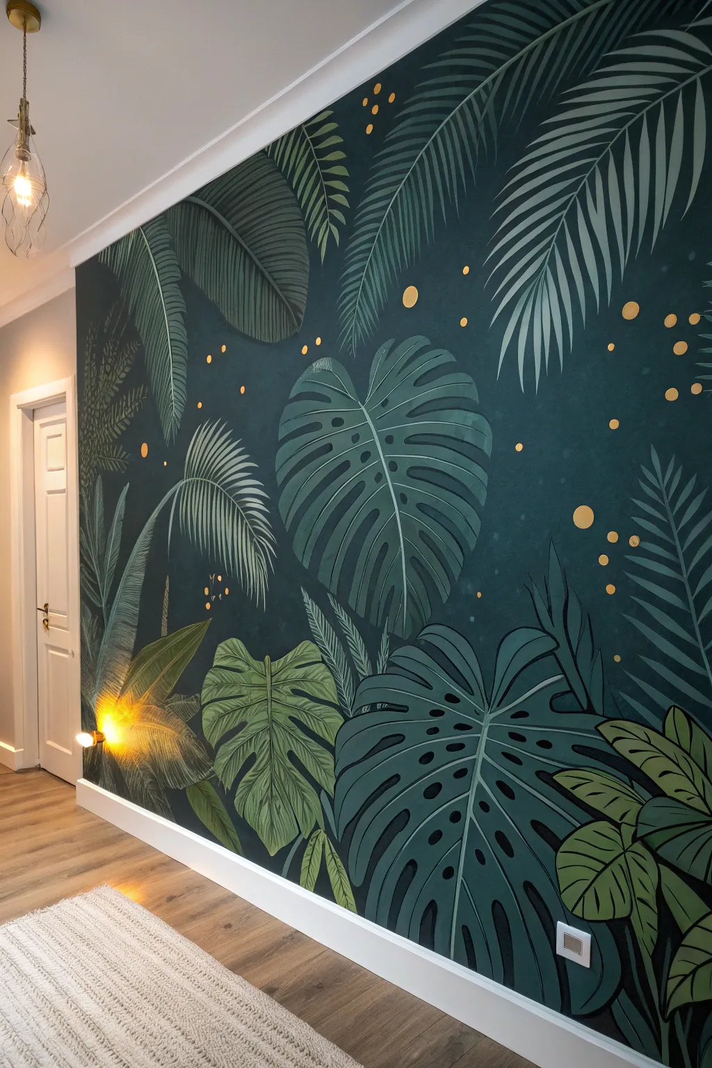 Midnight jungle mural with soft glow dots and highlighted leaves for dreamy tropical drama.