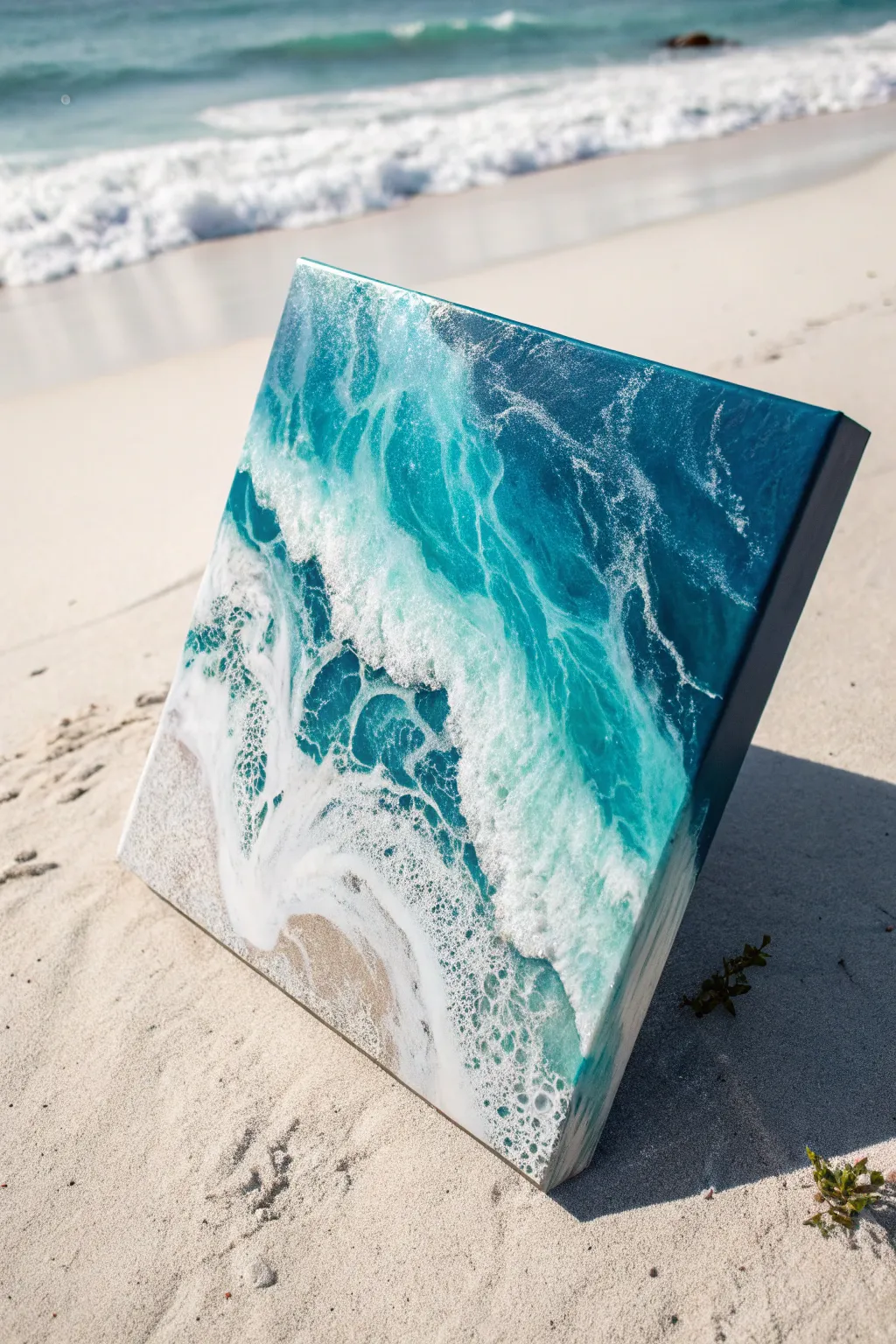 Turquoise fluid-pour beach vibes with foamy cells, bold blues, and clean minimalist styling.