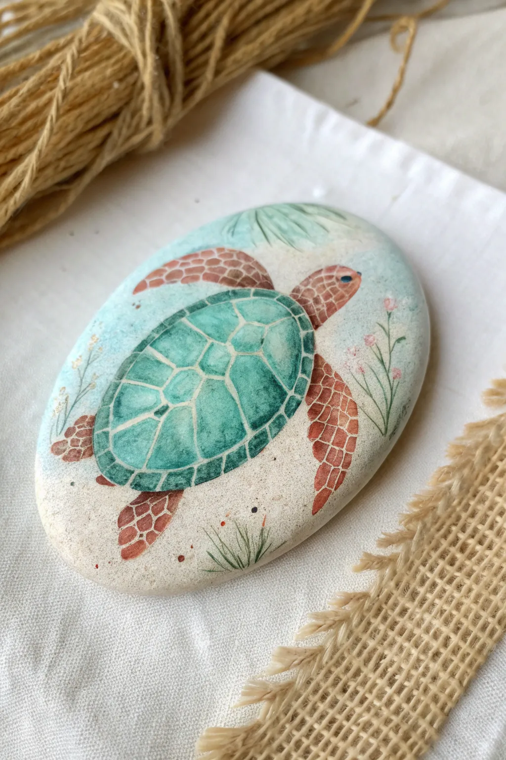 Soft watercolor washes bring this turtle rock to life with delicate lines and modern boho calm.