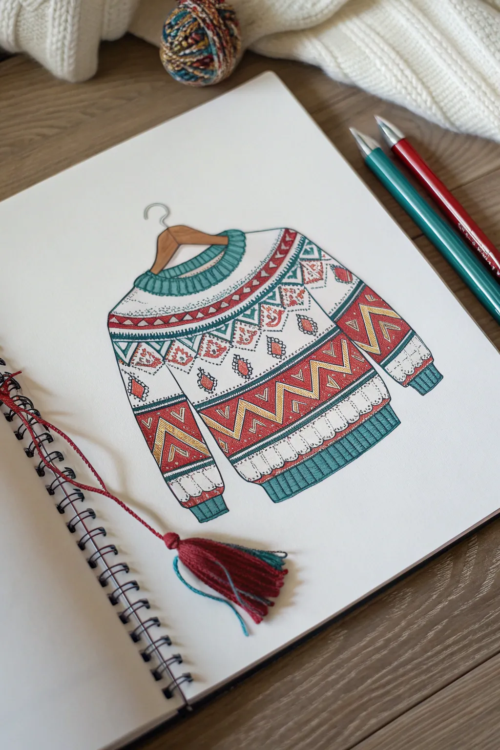 3D pompom and tassel illusion sweater sketch in bold boho colors, clean minimalist style