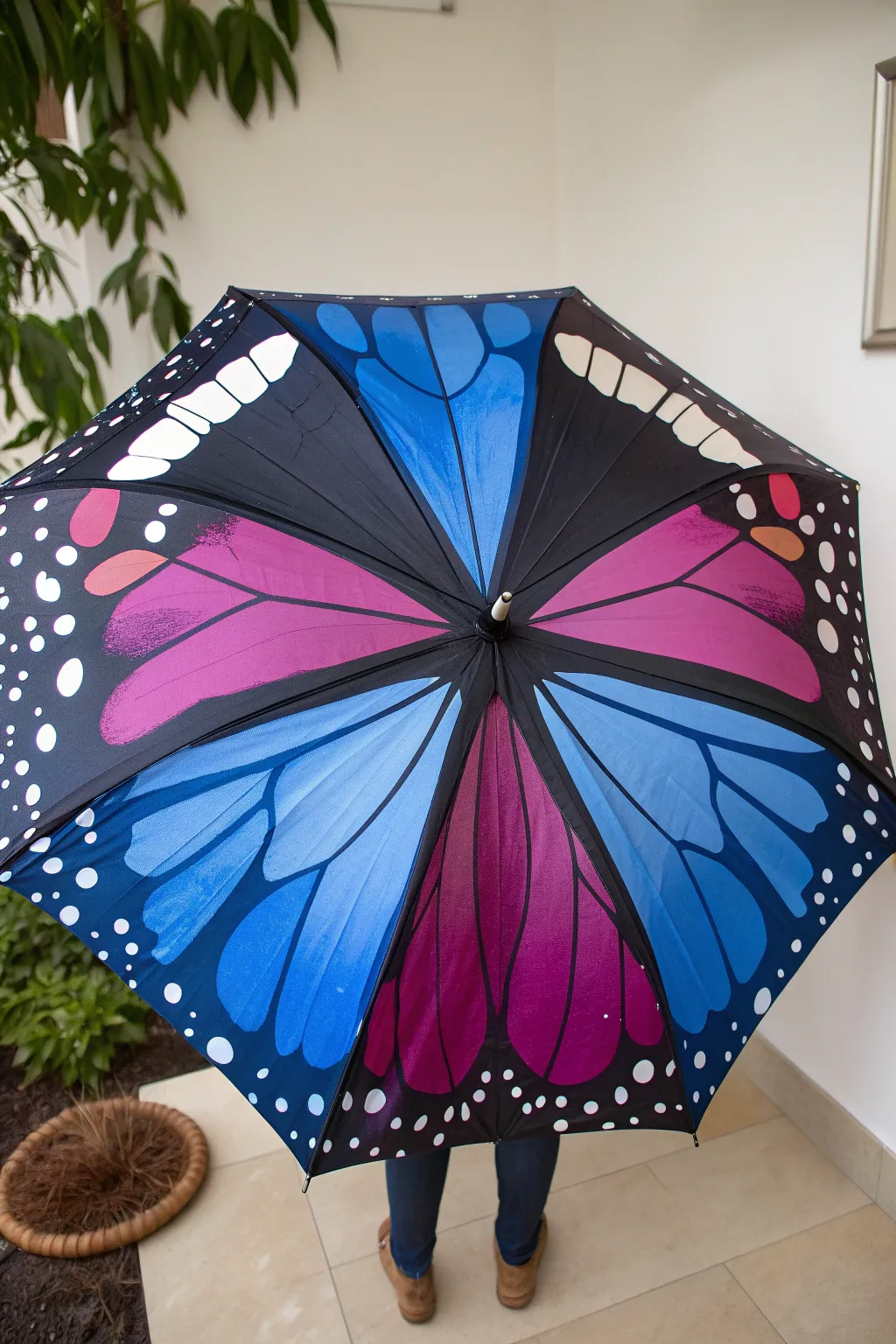 Giant butterfly wing umbrella makeover, bold mirrored panels for a dramatic transformation