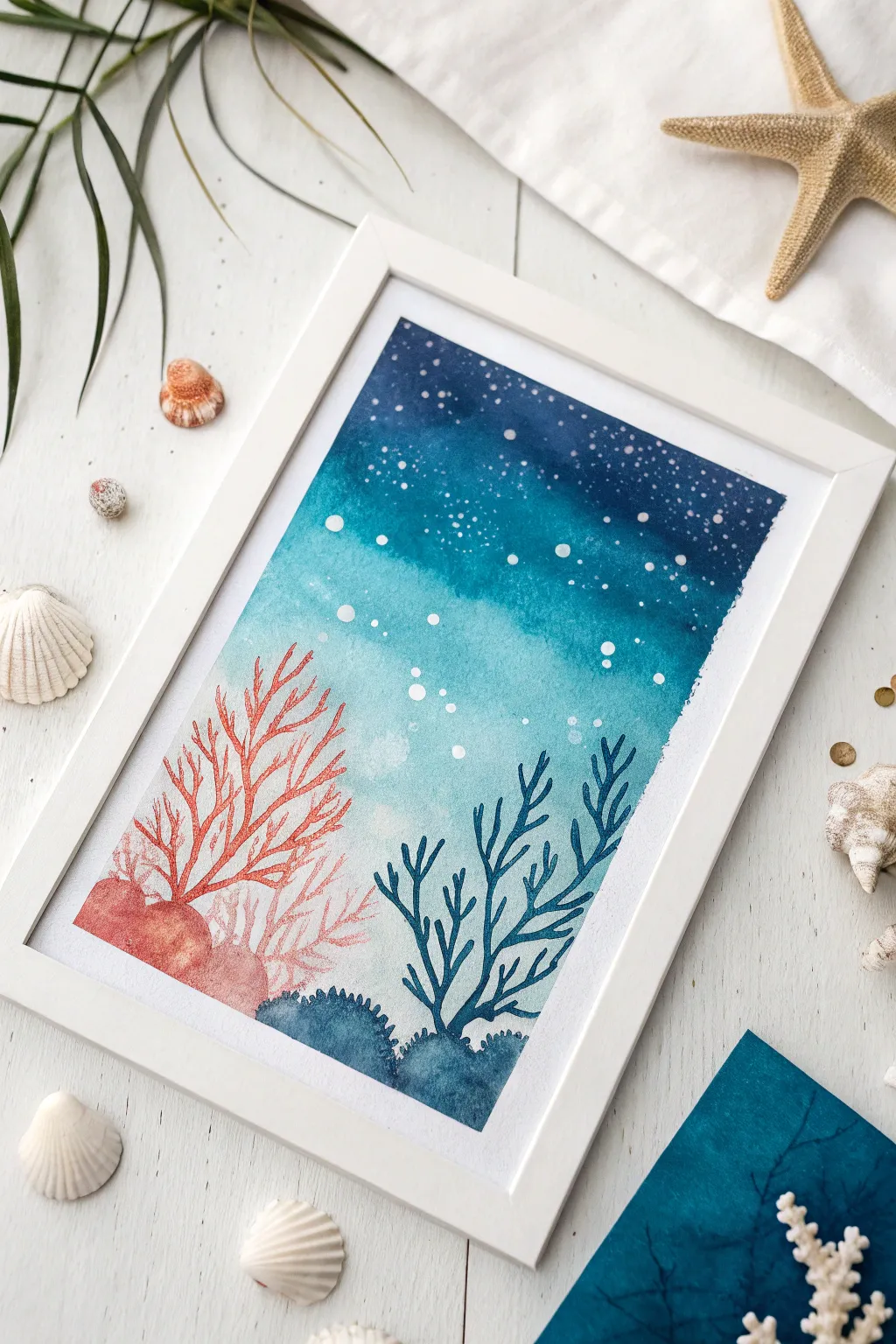 Easy foil-backed ocean painting with shimmery highlights, simple corals, and dreamy bubbles