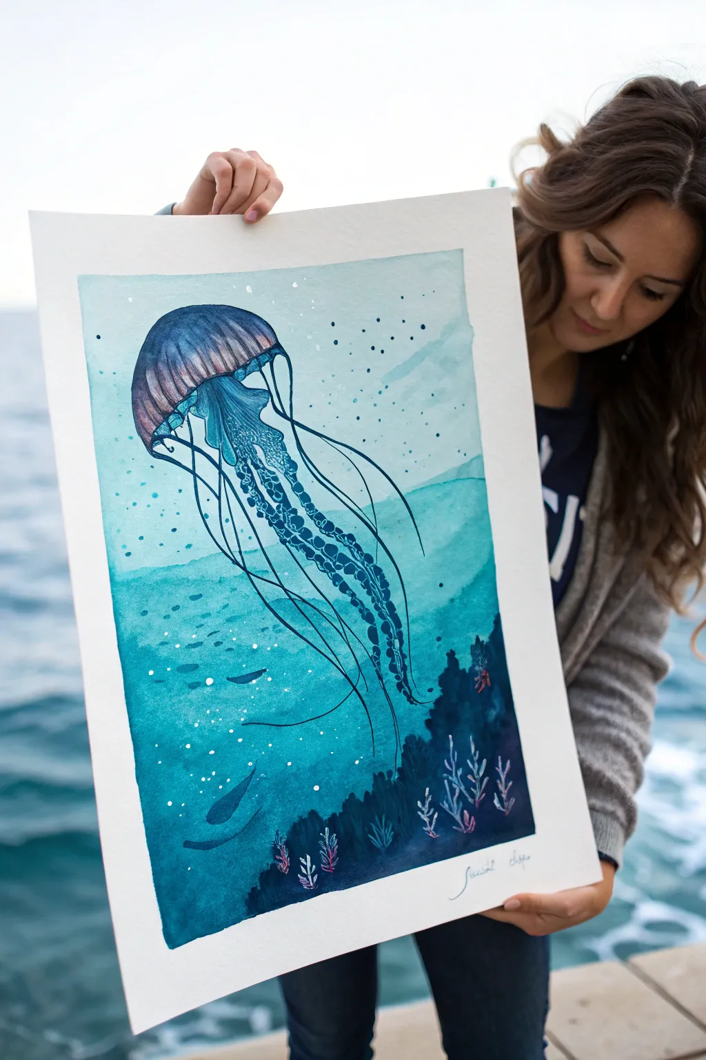 Easy ocean watercolor wash with soft blooms and a minimalist jellyfish silhouette to copy