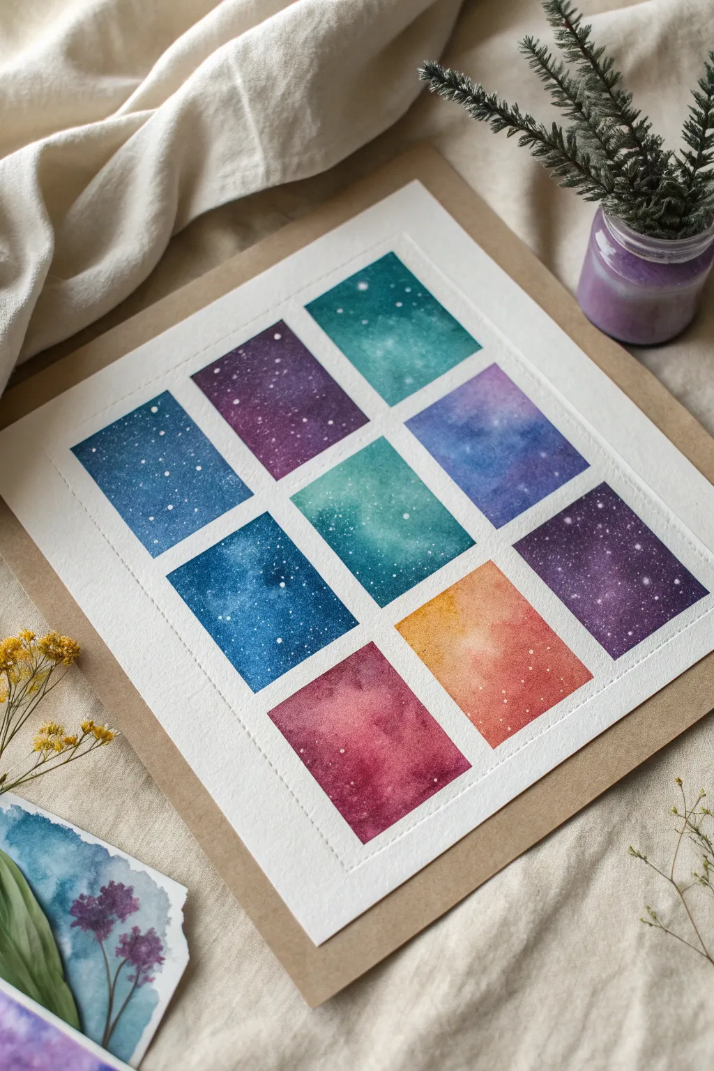 Clean tape-border mini galaxy panels with bold nebula palettes and varied star fields for easy inspo.
