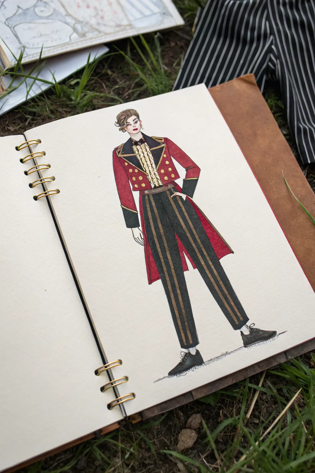 Sinister ringmaster tailcoat remix with bold lapels, striped trousers, and spotlight drama