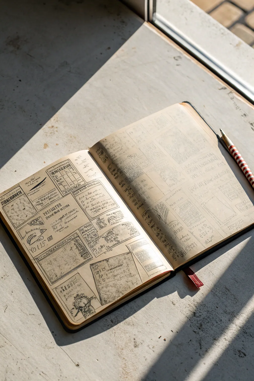 Graphite ephemera collage sketchbook spread, layered shadows and timeworn texture in minimalist boho style