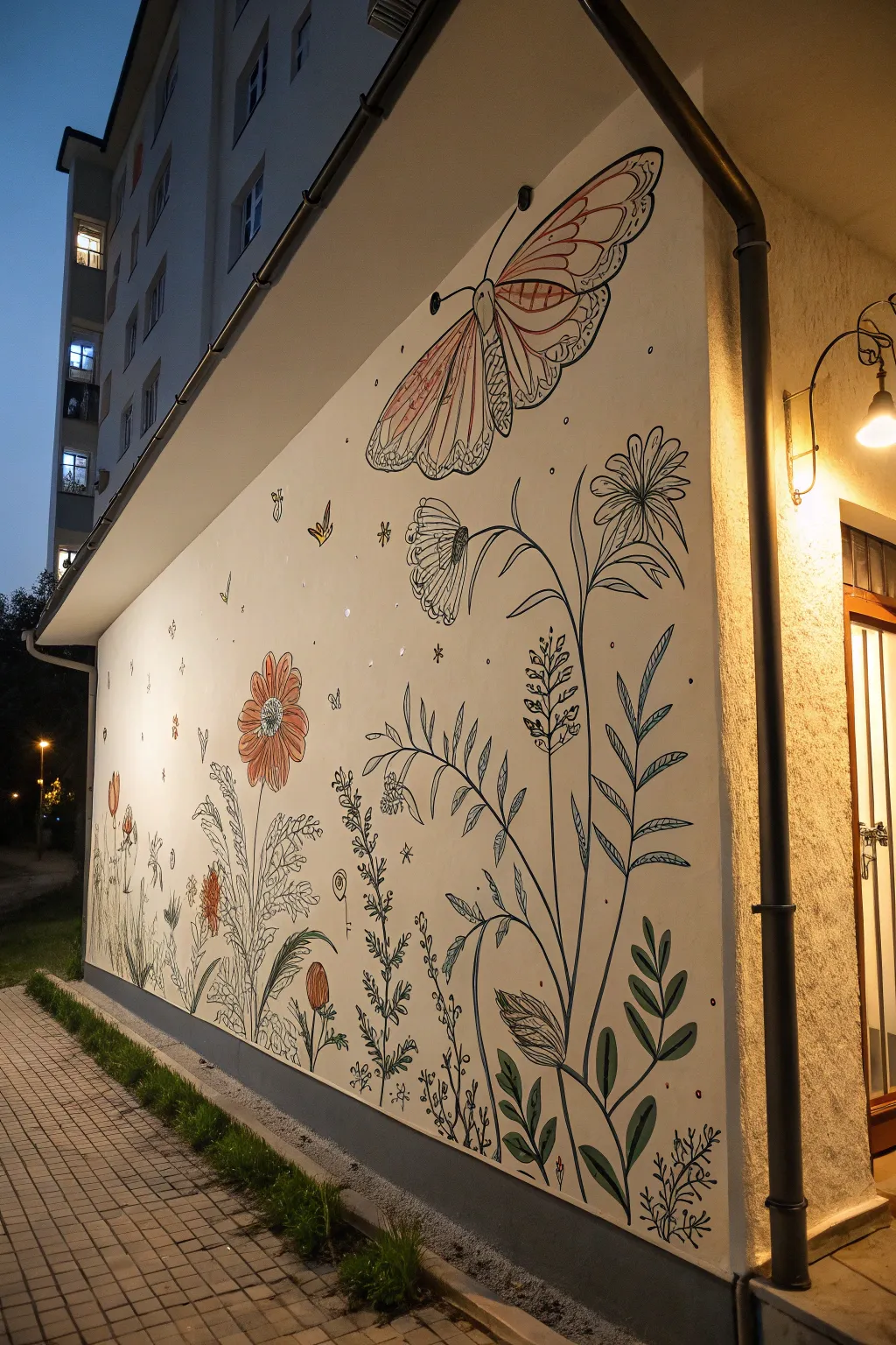 Delicate night-garden wall drawing that softly glows after dark for a hidden magical moment