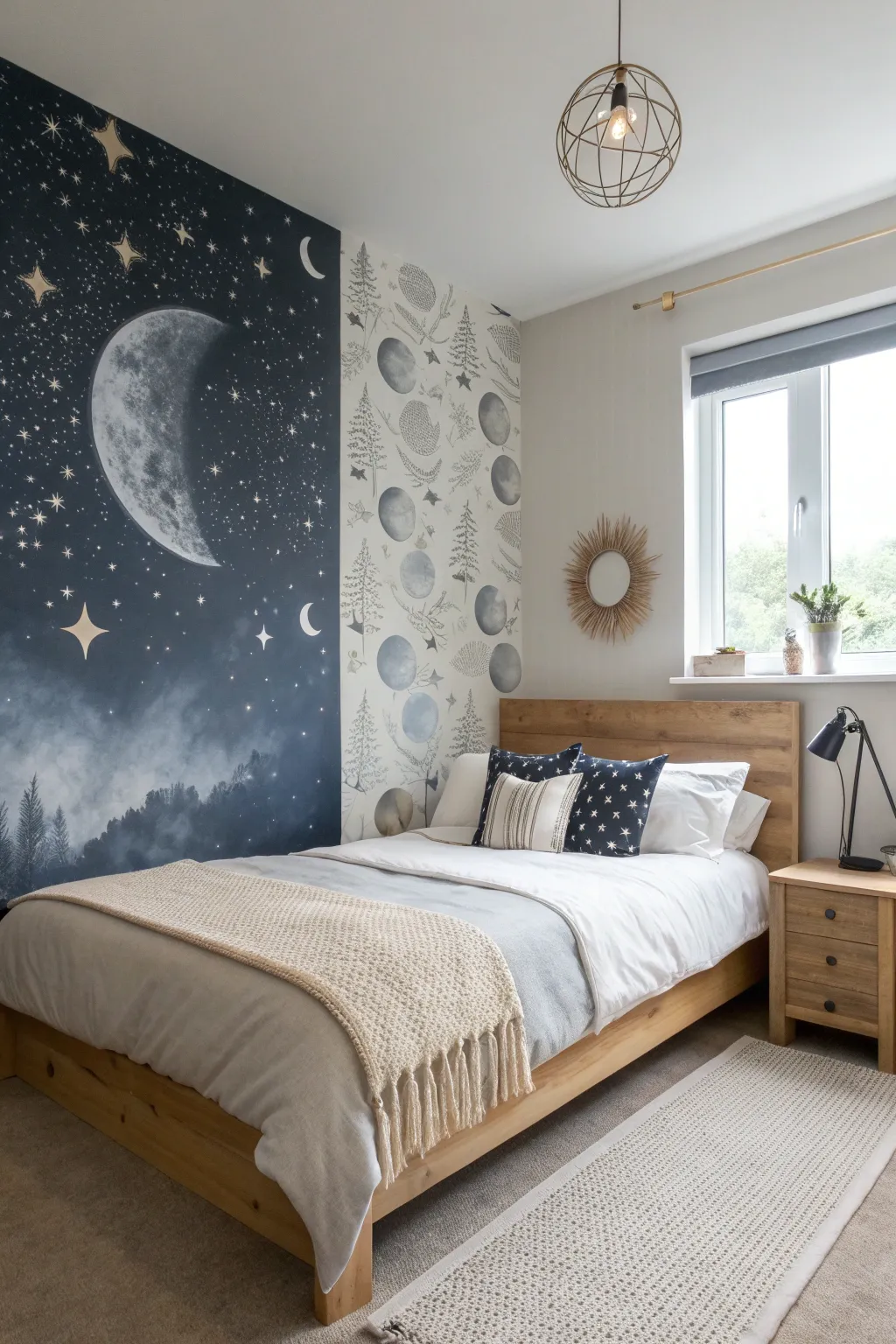Day-to-night celestial mural: calm by daylight, then a gentle glow of moons and stars at night