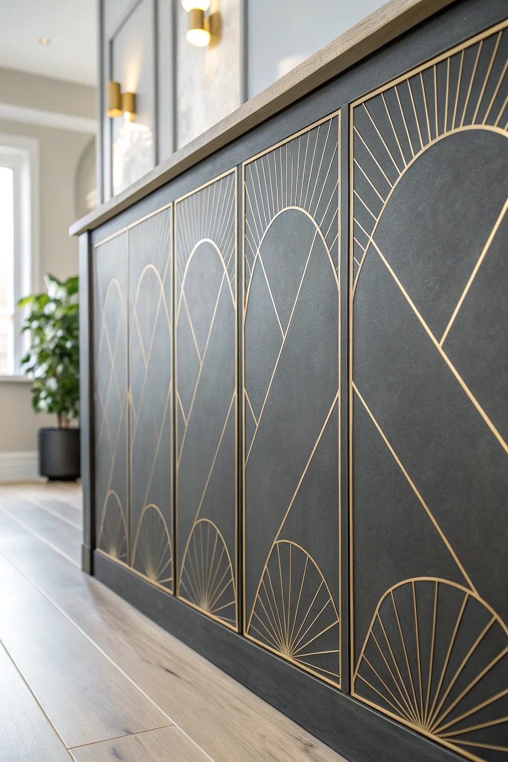 Matte charcoal base with delicate metallic linework, catching window light for bold minimalist drama.