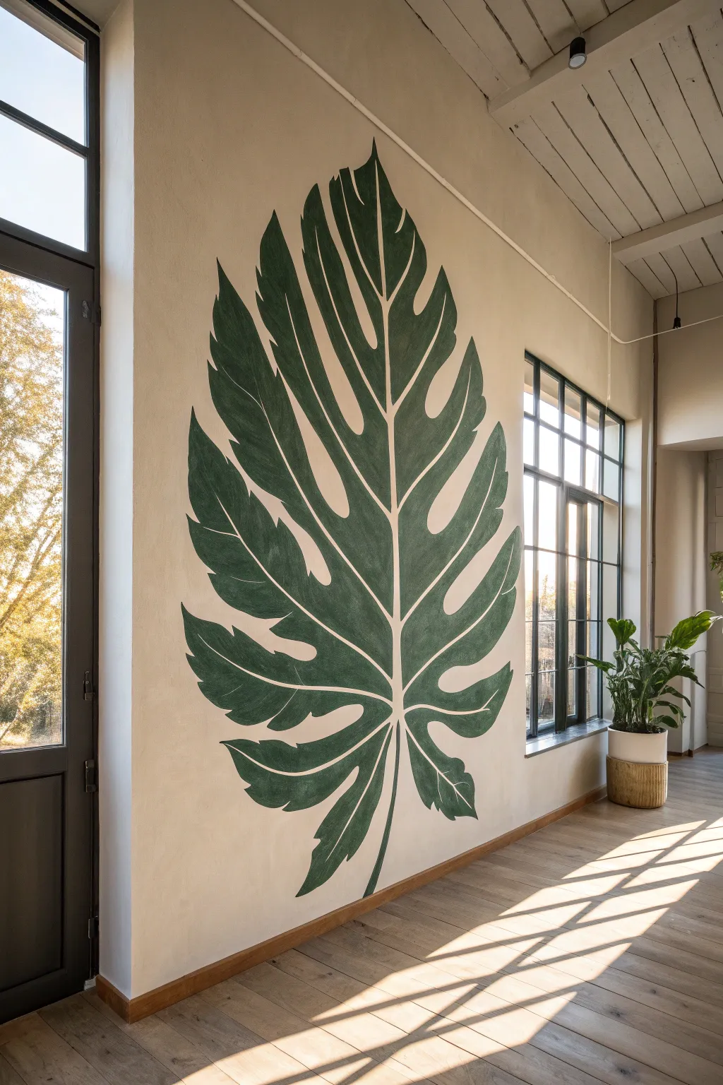 Oversized botanical mural in deep green on a warm white wall, minimalist and bold.