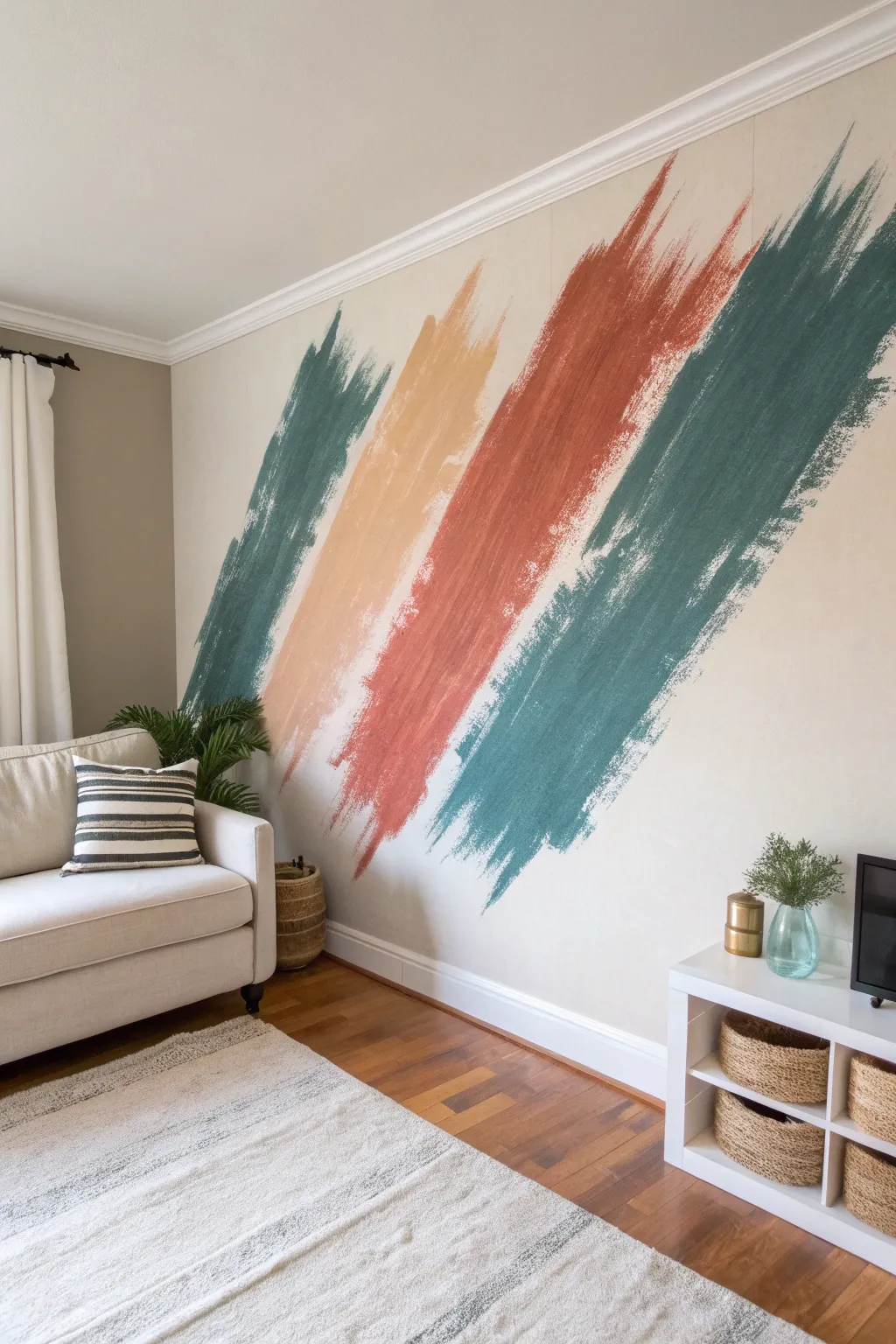 Layered brushstrokes in bold hues create a modern, minimalist energy wall behind the sofa.