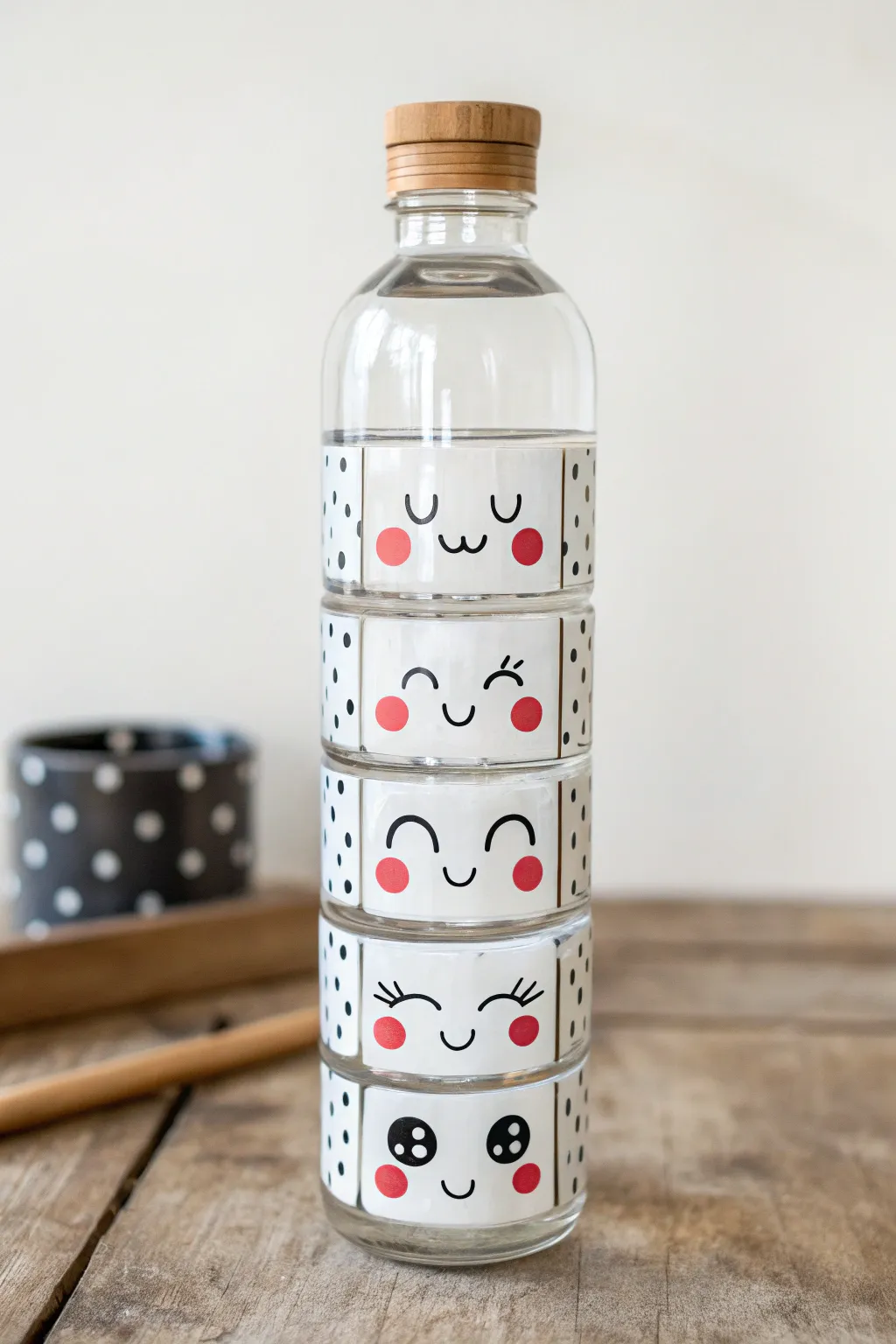 Cute face upcycle characters on a painted glass water bottle with bold color pops and clean style