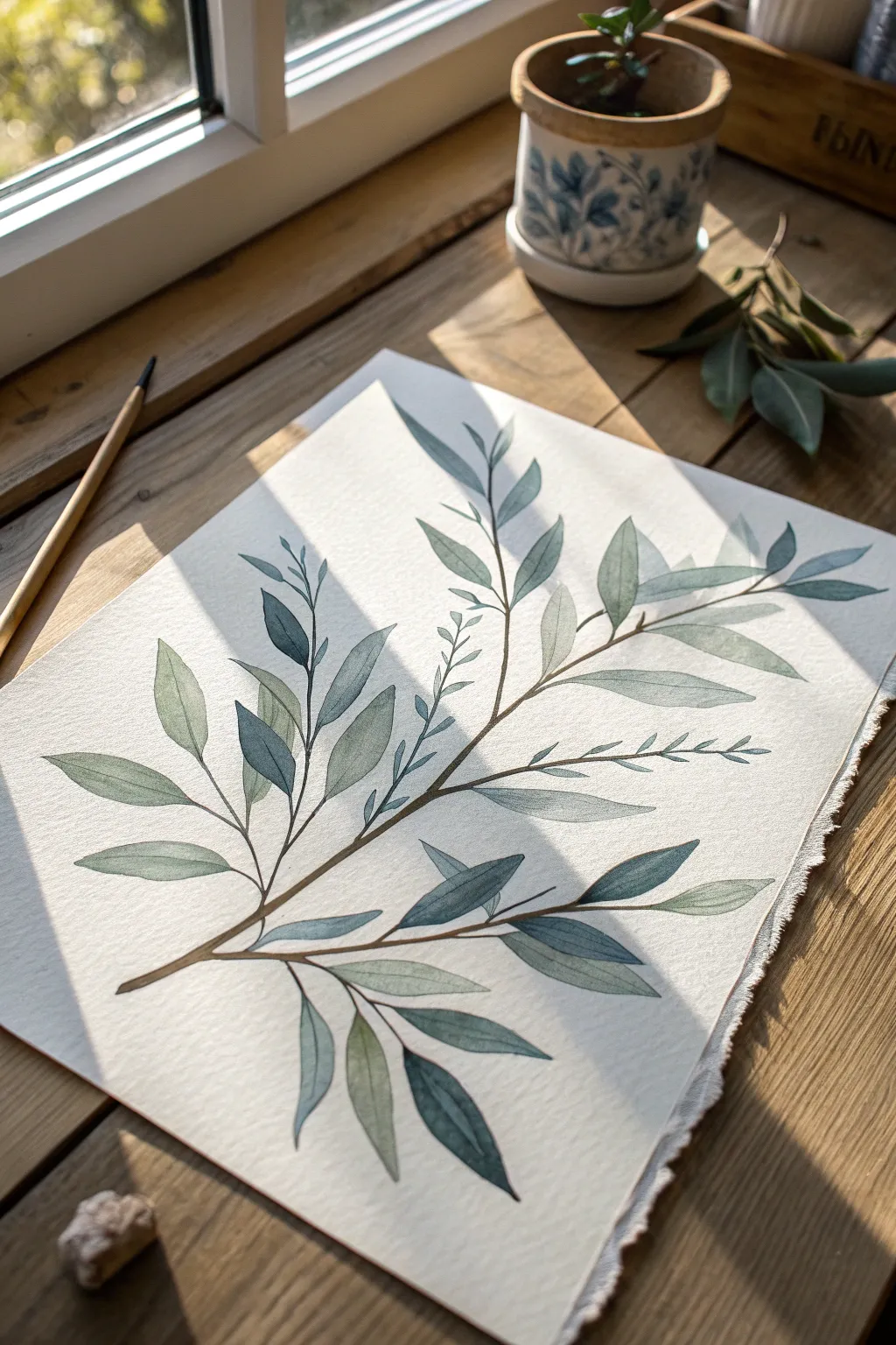 Airy line-and-wash botanical branch with ink outlines, watery greens, soft shadow washes, and drips