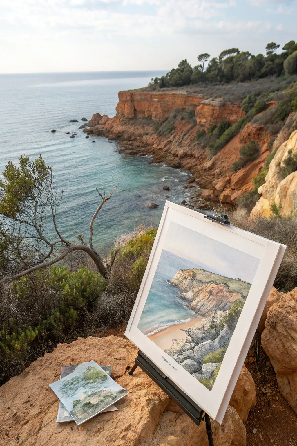 Dry brush cliffside watercolor with smooth sea wash, bold Nordic-boho palette and texture