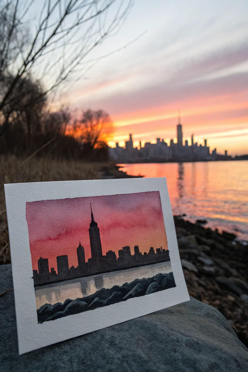 Watercolor sunset glow behind a bold city silhouette, minimalist and striking for easy painting practice
