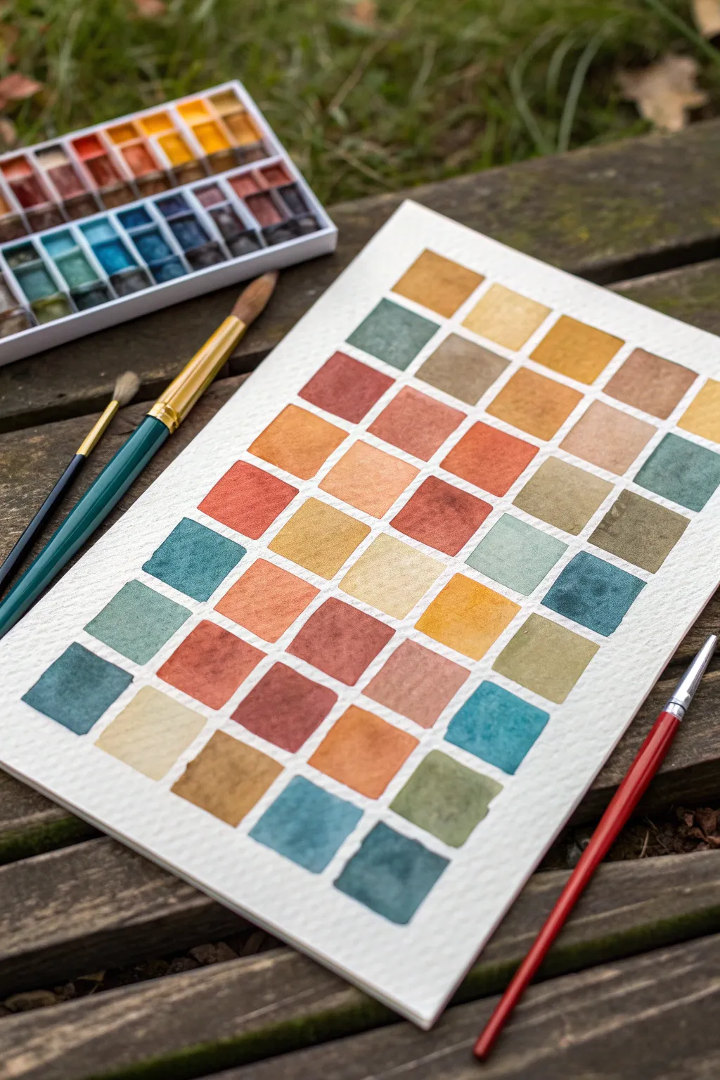 Abstract watercolor pencil patchwork: controlled bleeds, bold color blocks, and visible pencil texture