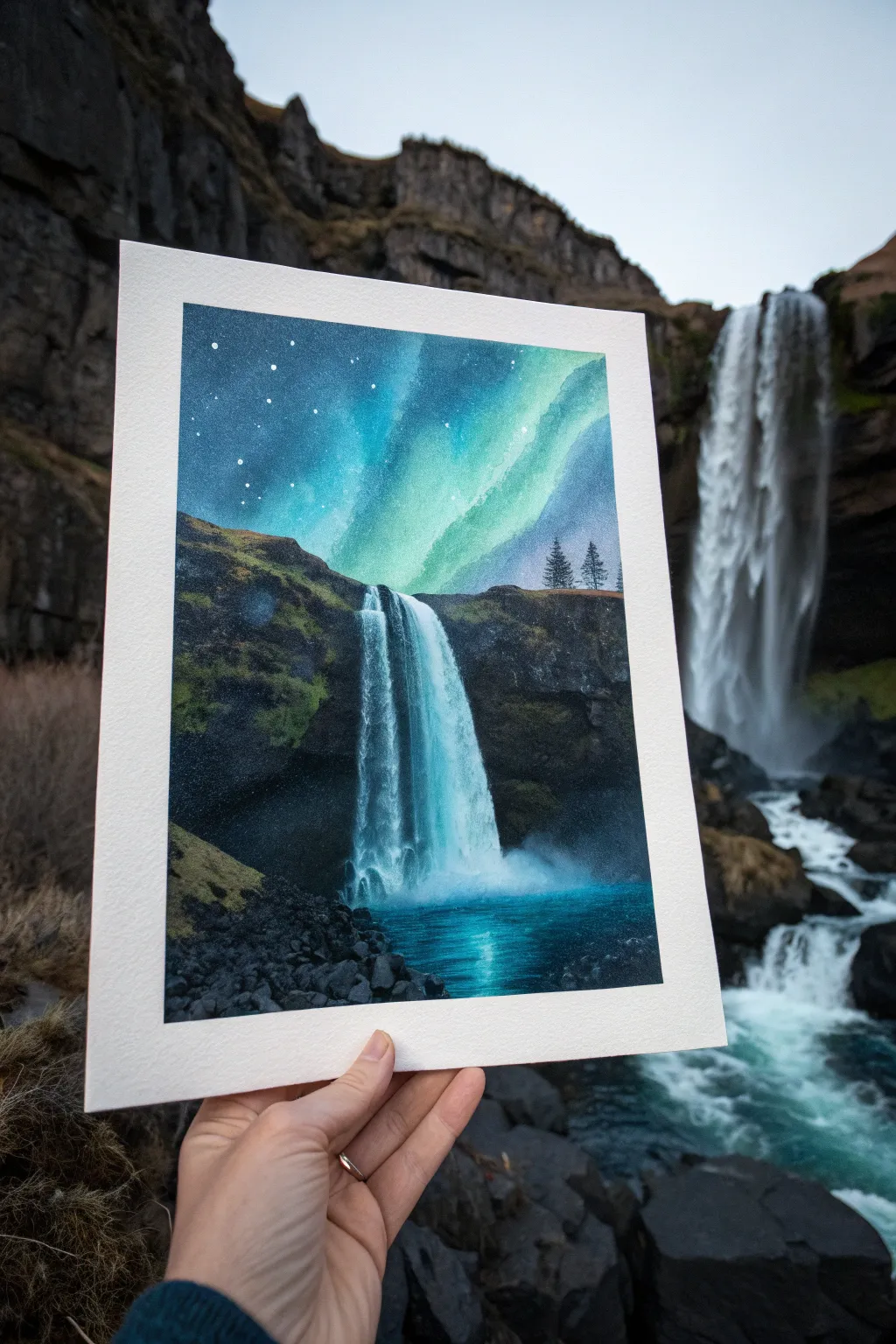 Paint an aurora-lit waterfall night: glowing turquoise falls against deep indigo rocks.