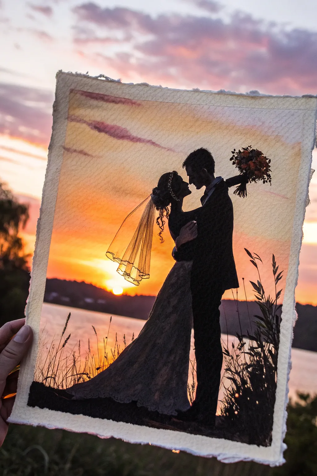 Golden hour silhouette wedding painting idea: minimalist watercolor sunset, big emotion.