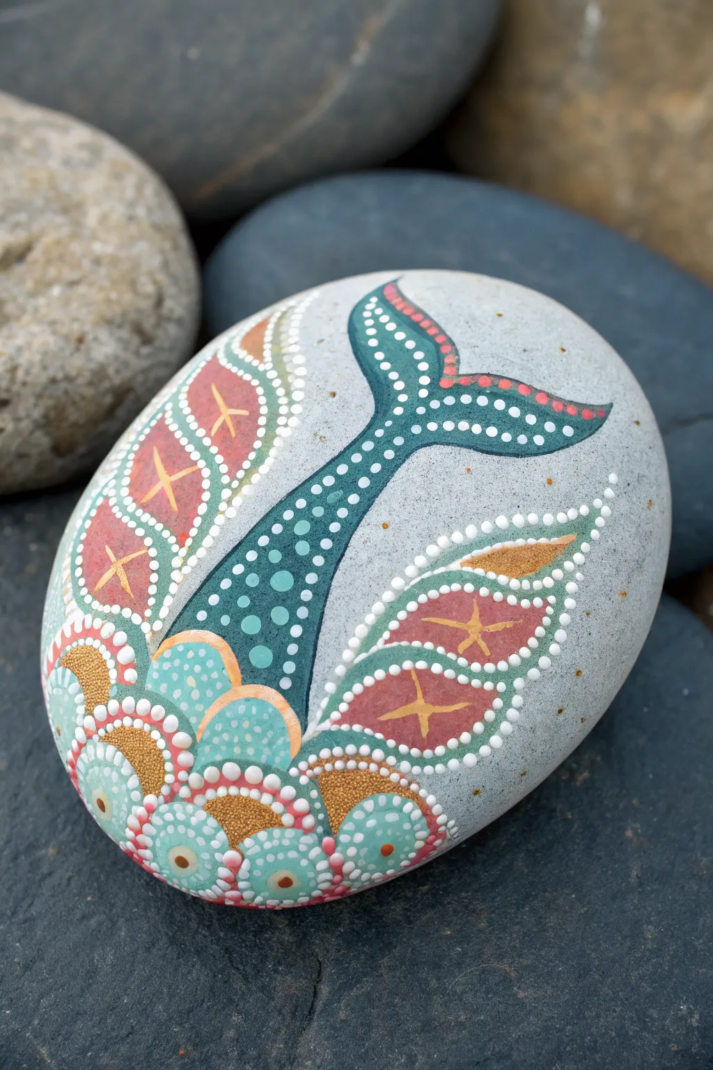 Mandala whale tail rock painting in bold boho colors, crisp and centered on a dark backdrop.