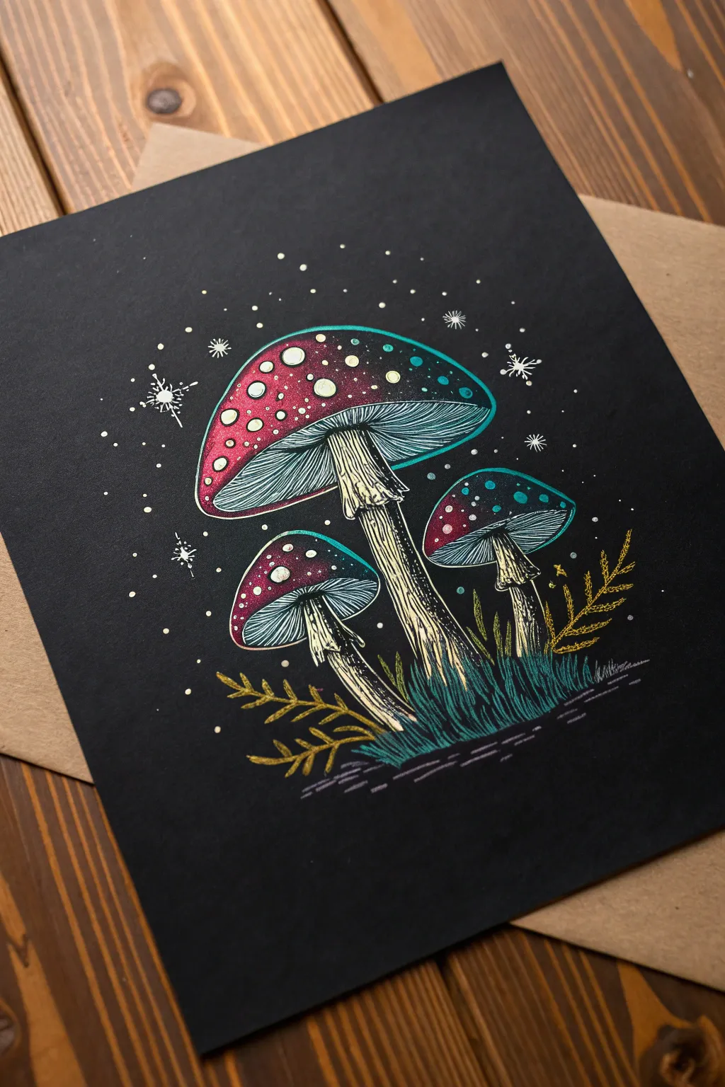 Glow-on-dark paper idea: luminous mushrooms with bold accents and sparkling details