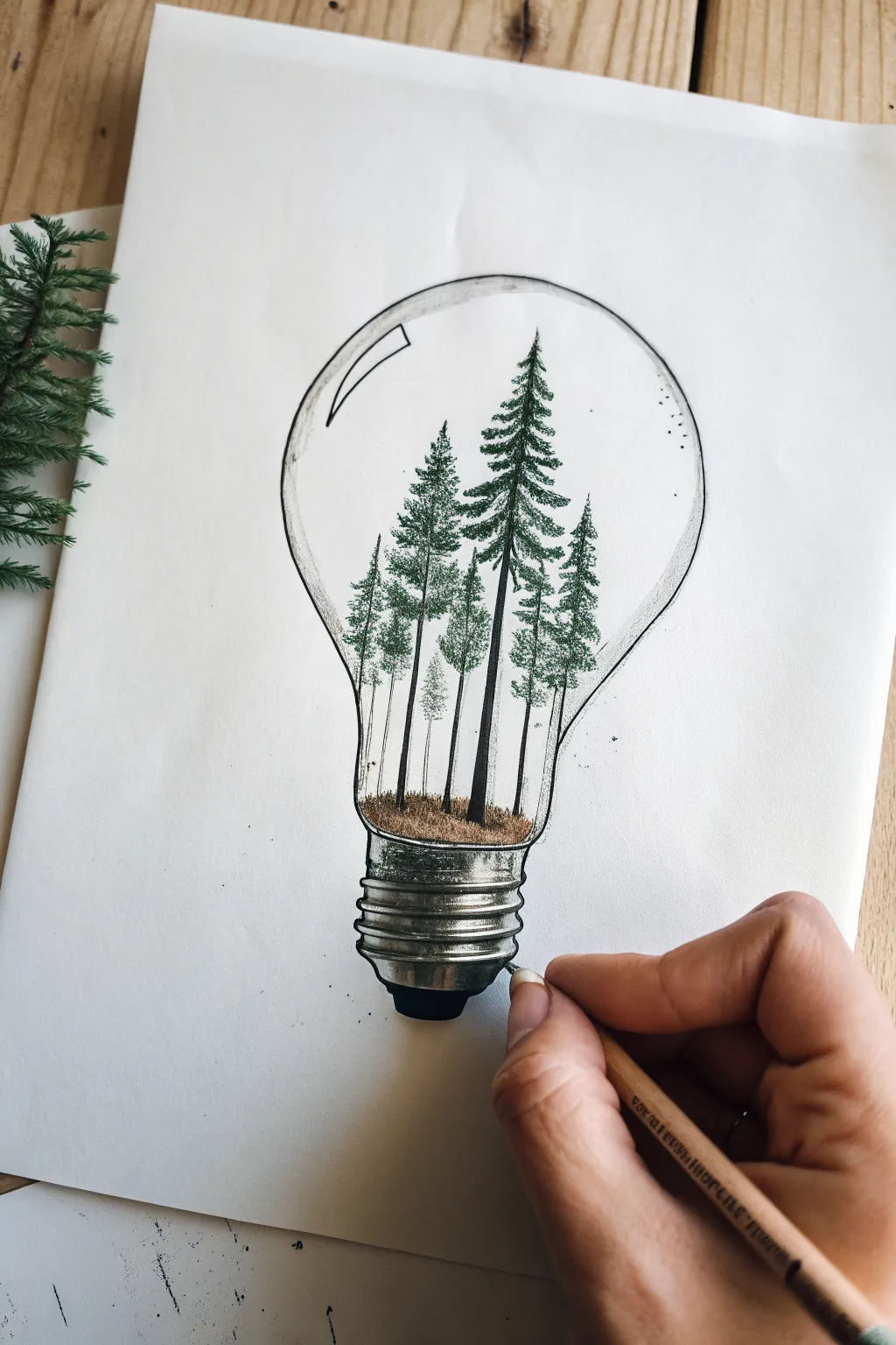 Whimsical surreal mashup: a lightbulb filled with a tiny forest, clean lines and bold accents