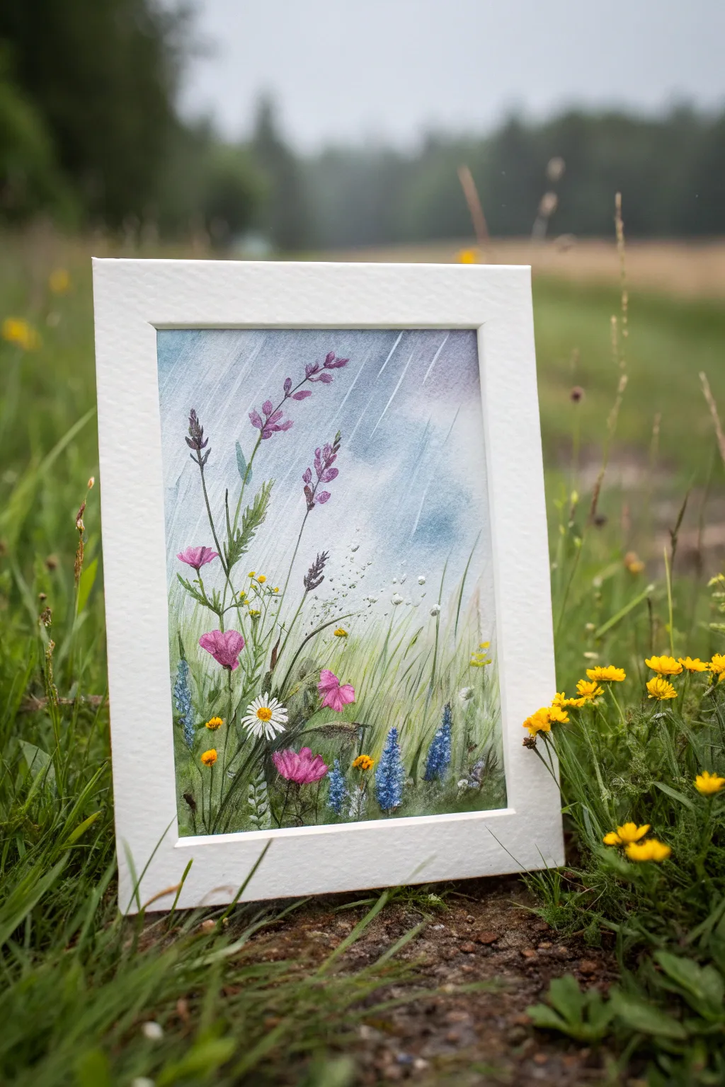Moody rainy wildflower meadow painting with delicate splatter raindrops and softened edges