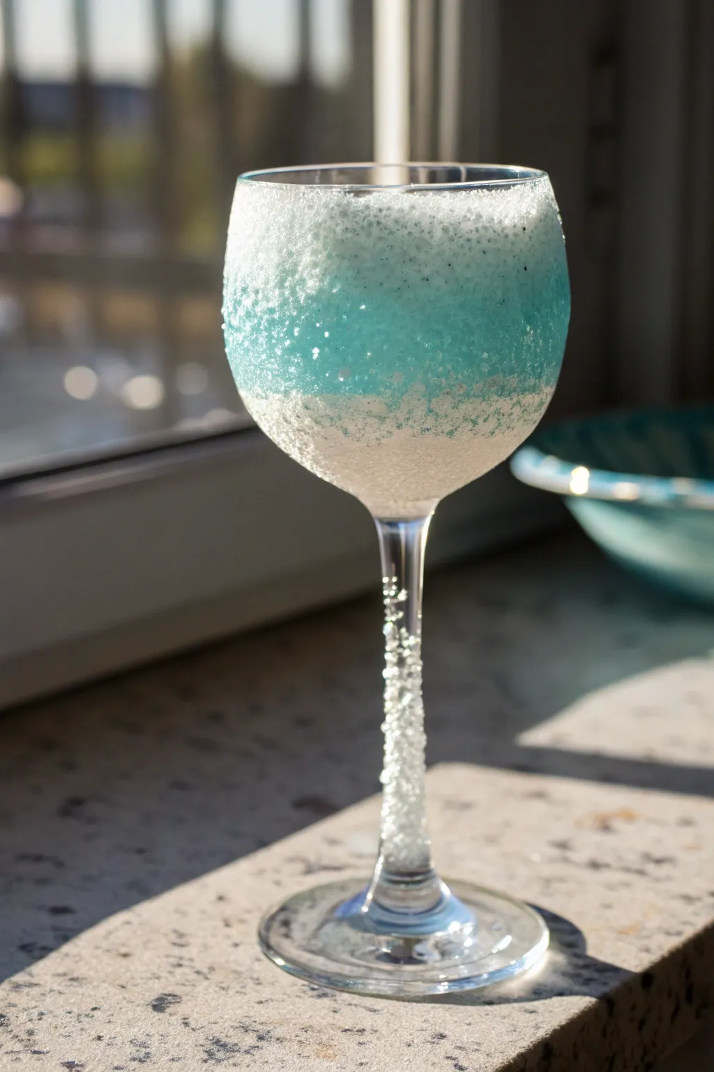 Easy sea glass frosted wine glass with sponged aqua texture and crisp side light