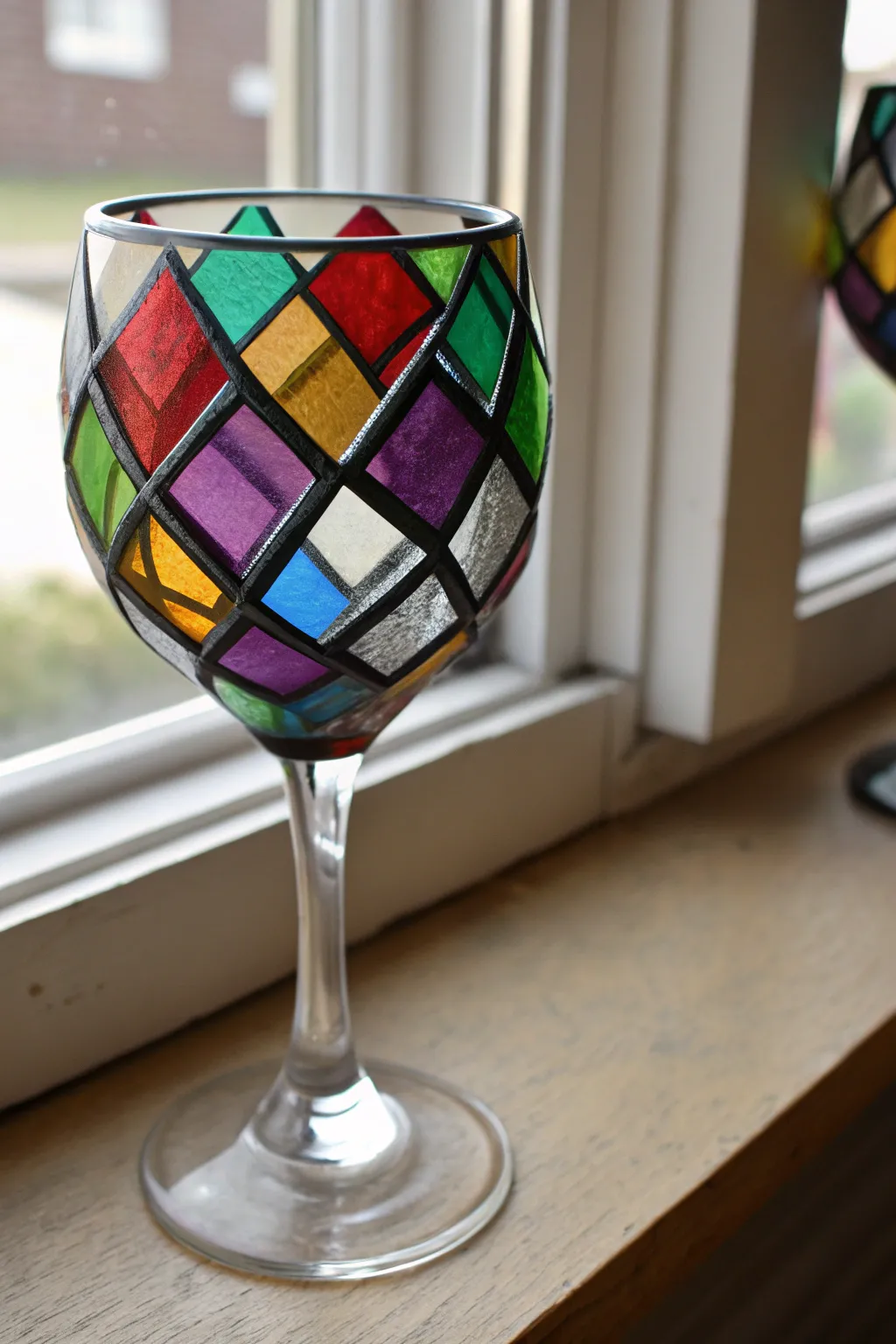 Faux stained-glass wine glass: bold outlined geometrics and glossy jewel tones in a clean setting