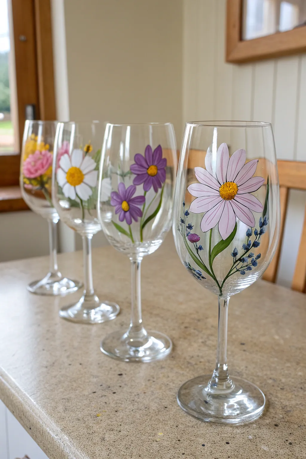 Matching floral wine glass set: daisy, lavender, sunflower & cherry blossom in bold harmony