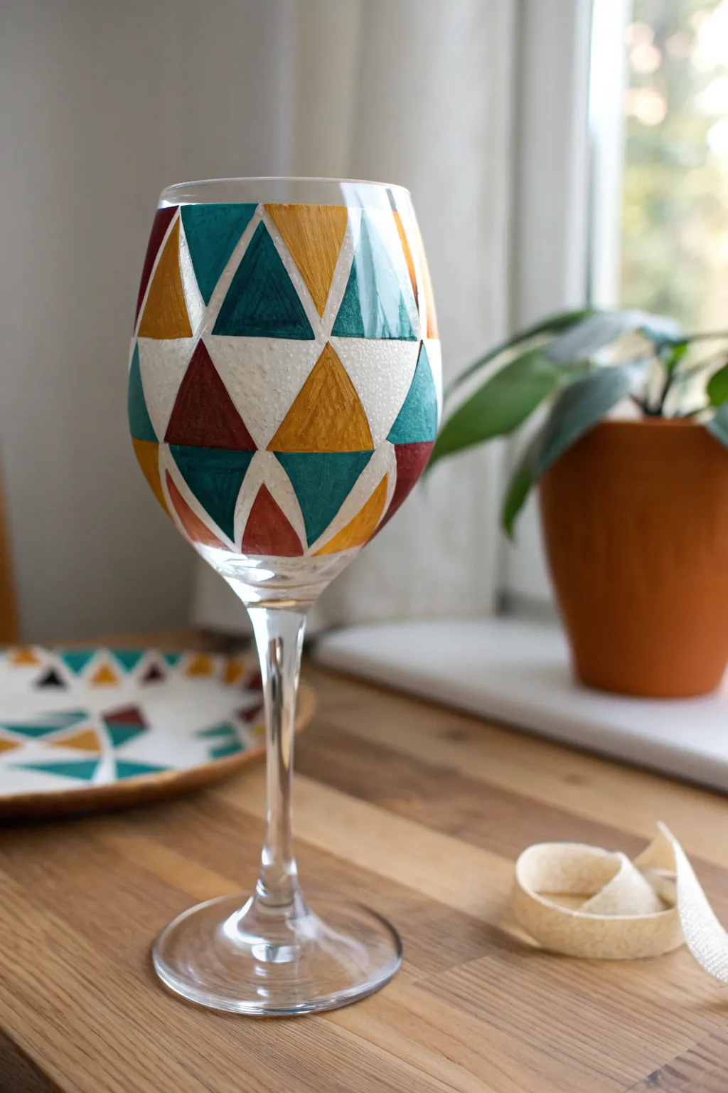 Crisp tape-resist triangles and chevrons turn a plain wine glass into bold beginner-friendly art