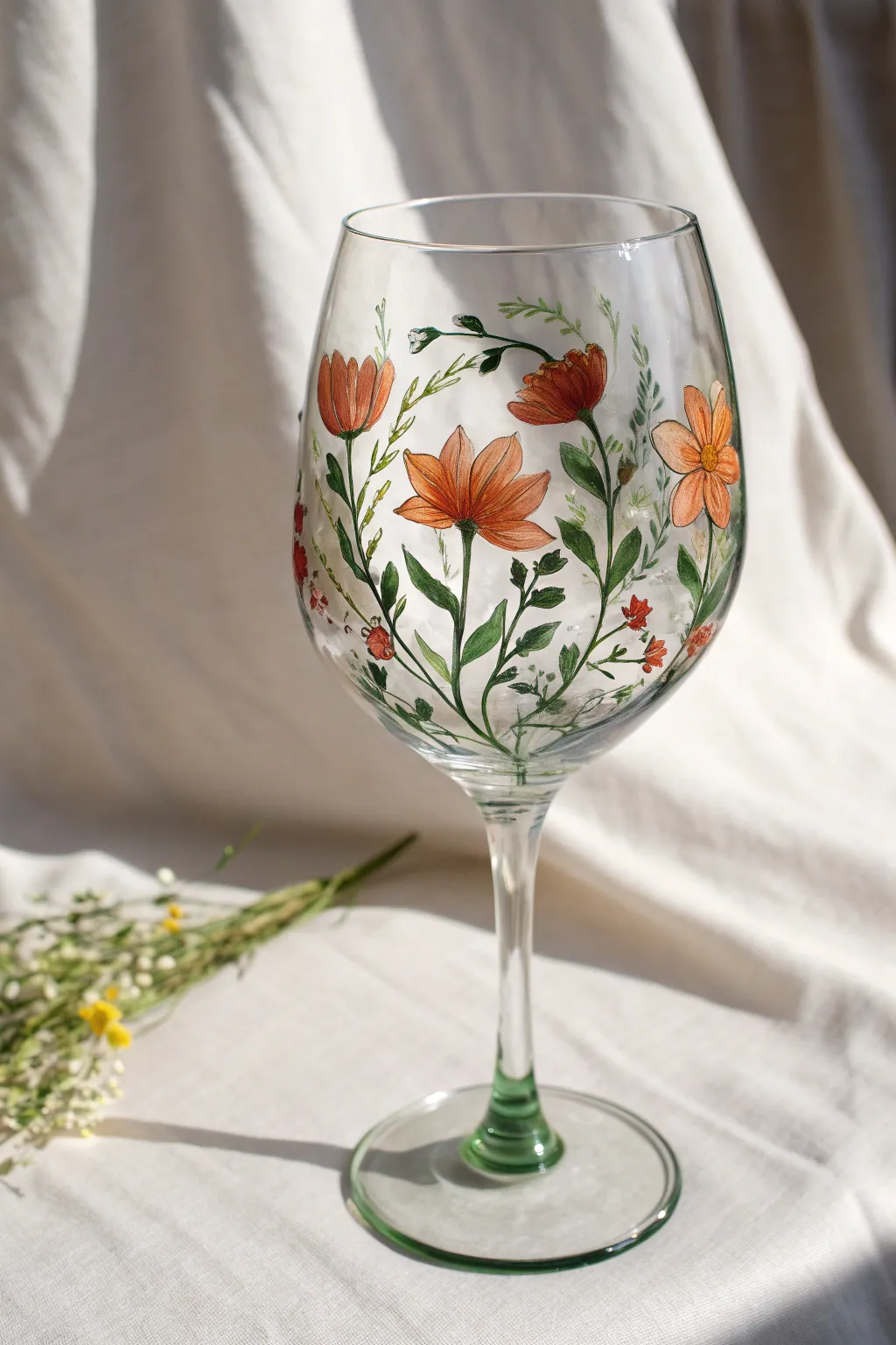 Floral vine wrap painted on a wine glass bowl, bold yet delicate, minimalist boho inspo.