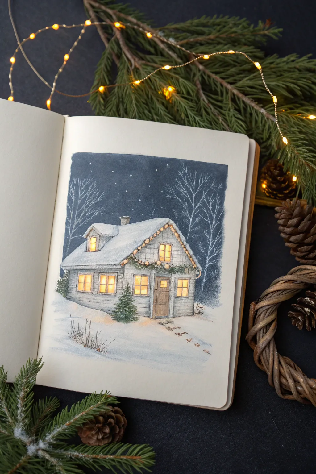 Minimalist winter house drawing idea with warm holiday lights glowing on a snowy night