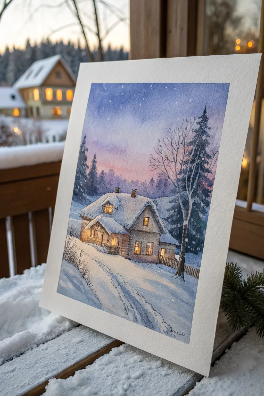 Loose snowy rooftops in watercolor, warm windows glowing against a deep winter evening sky