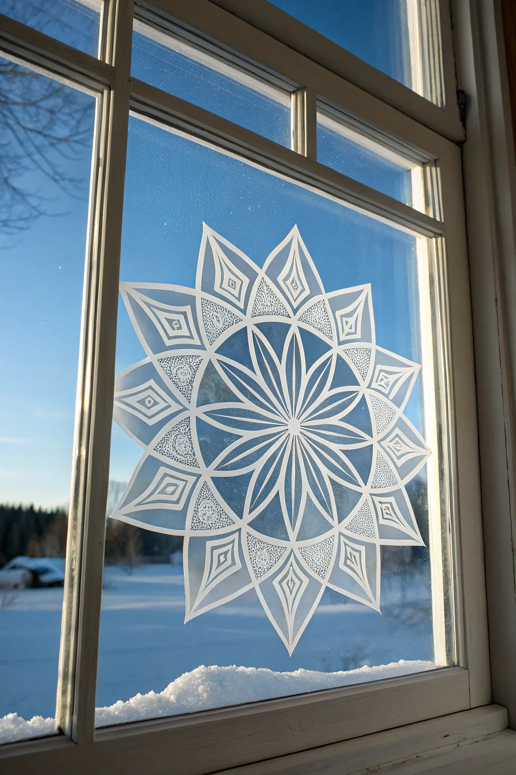 Geometric ice crystal mandala window art for a crisp, modern winter glow