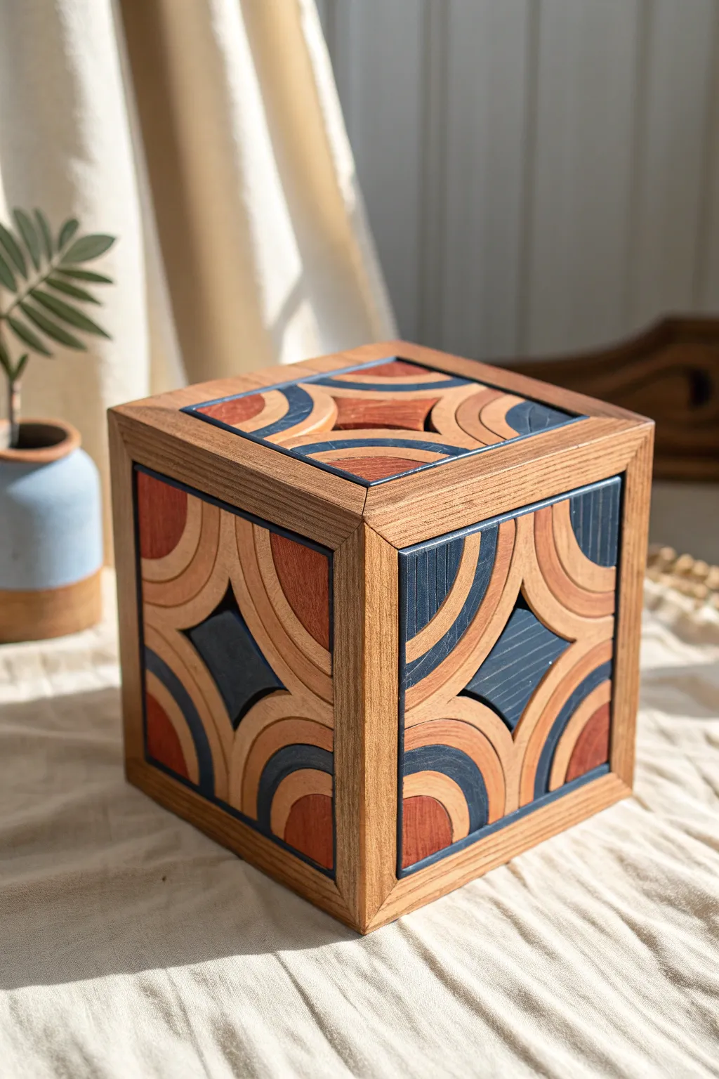 Shadow-box illusion wood block with bold painted arches, Scandinavian minimal style, striking contrast