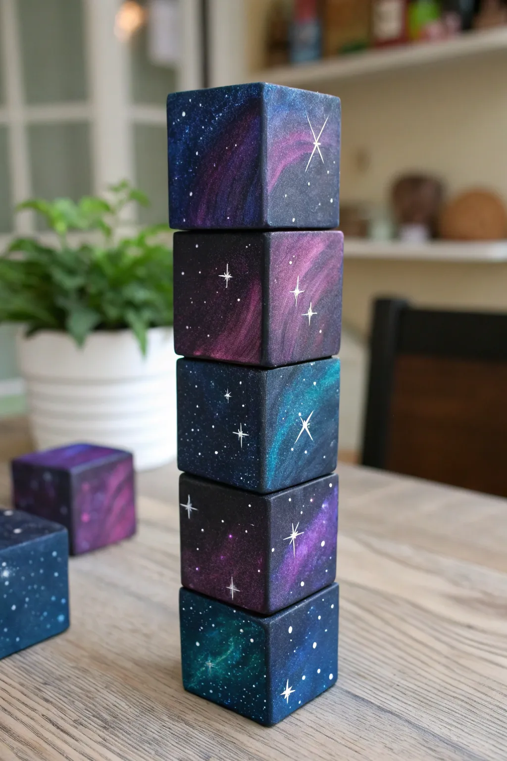 Moody galaxy wood blocks with star splatter and nebula blends for an easy night-sky DIY